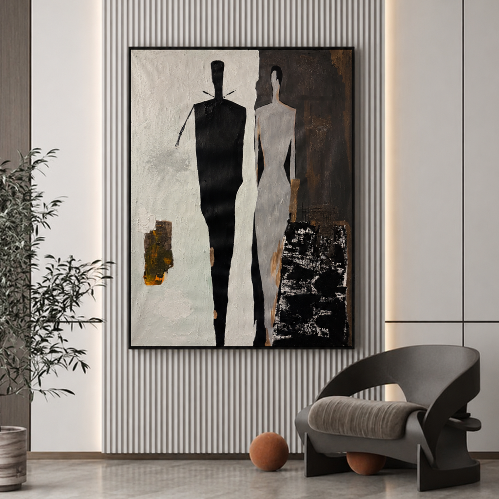 Two Figures in Silence – Original 26x36 Abstract Expressionist Acrylic Painting on Canvas, Black White Gray Figurative Art