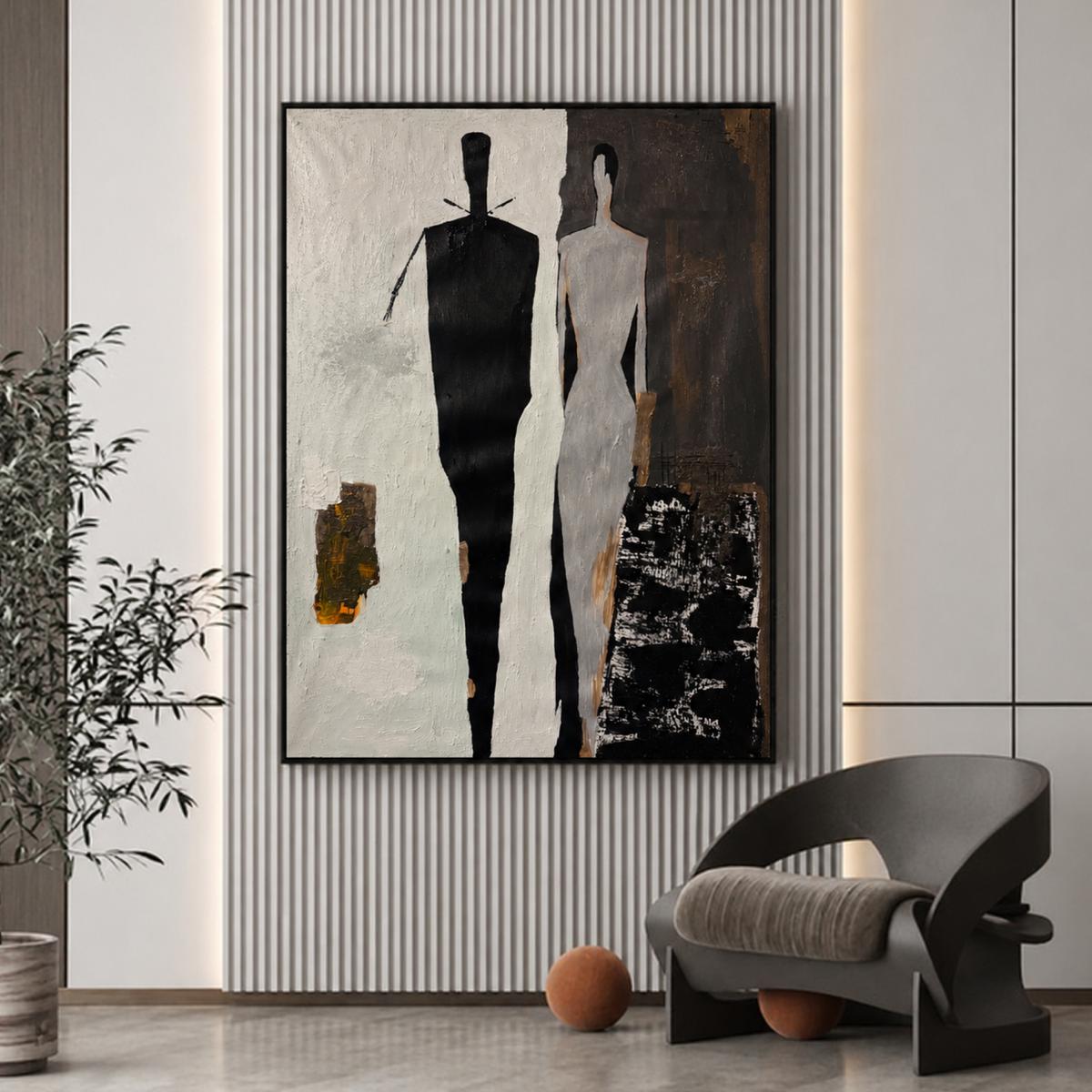 Two Figures in Silence – Original 26x36 Abstract Expressionist Acrylic Painting on Canvas, Black White Gray Figurative Art