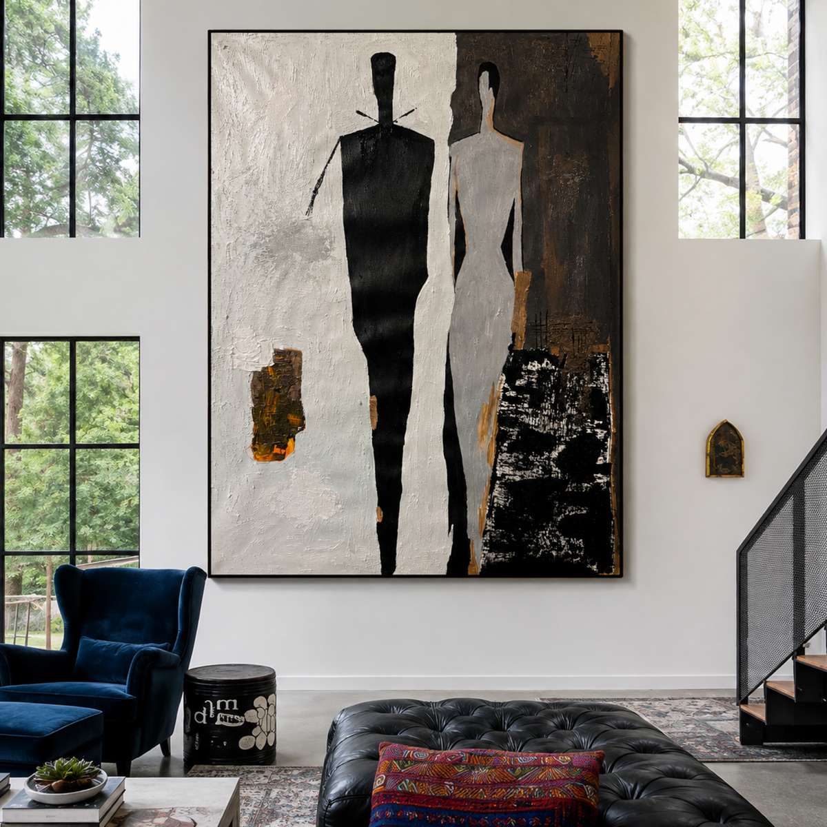 Two Figures in Silence – Original 26x36 Abstract Expressionist Acrylic Painting on Canvas, Black White Gray Figurative Art