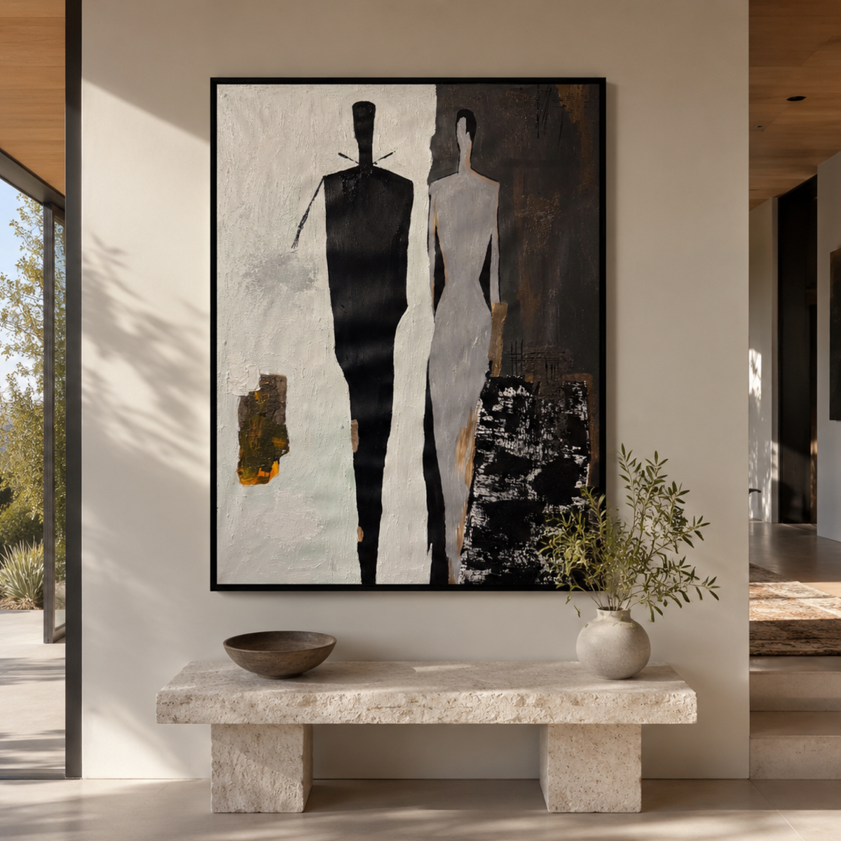 Two Figures in Silence – Original 26x36 Abstract Expressionist Acrylic Painting on Canvas, Black White Gray Figurative Art