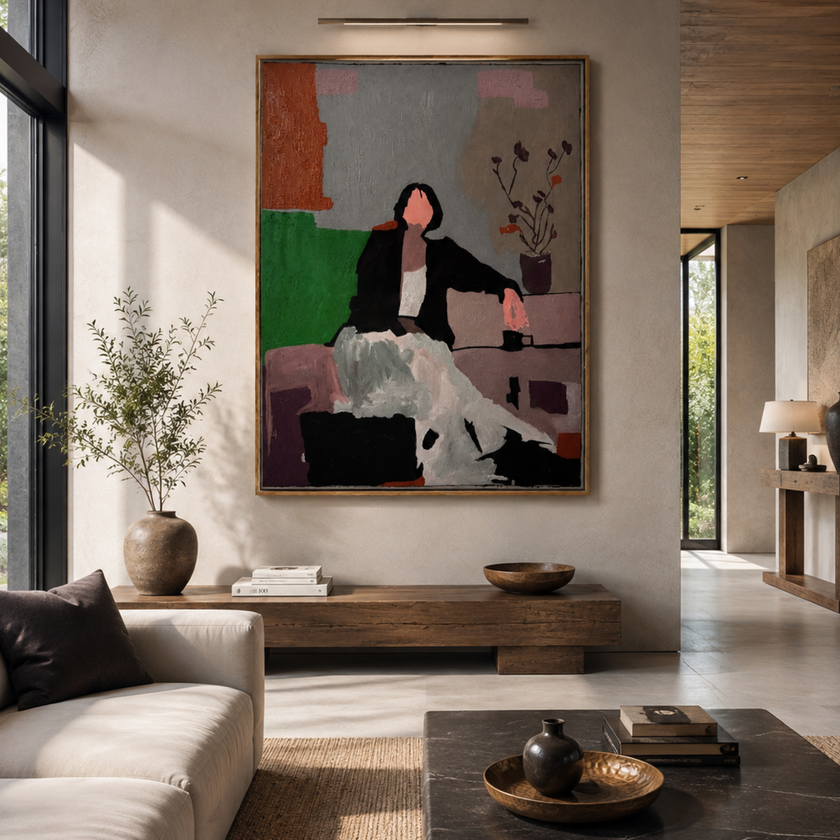 Quiet Elegance — Expressionist Woman in a Modern Interior, Original 26×36 Acrylic Canvas Painting with Rich Texture