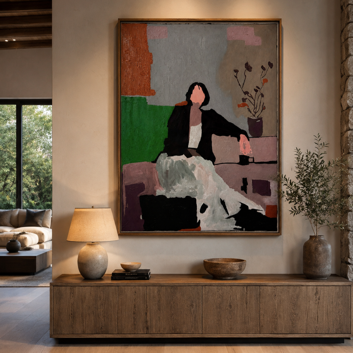Quiet Elegance — Expressionist Woman in a Modern Interior, Original 26×36 Acrylic Canvas Painting with Rich Texture