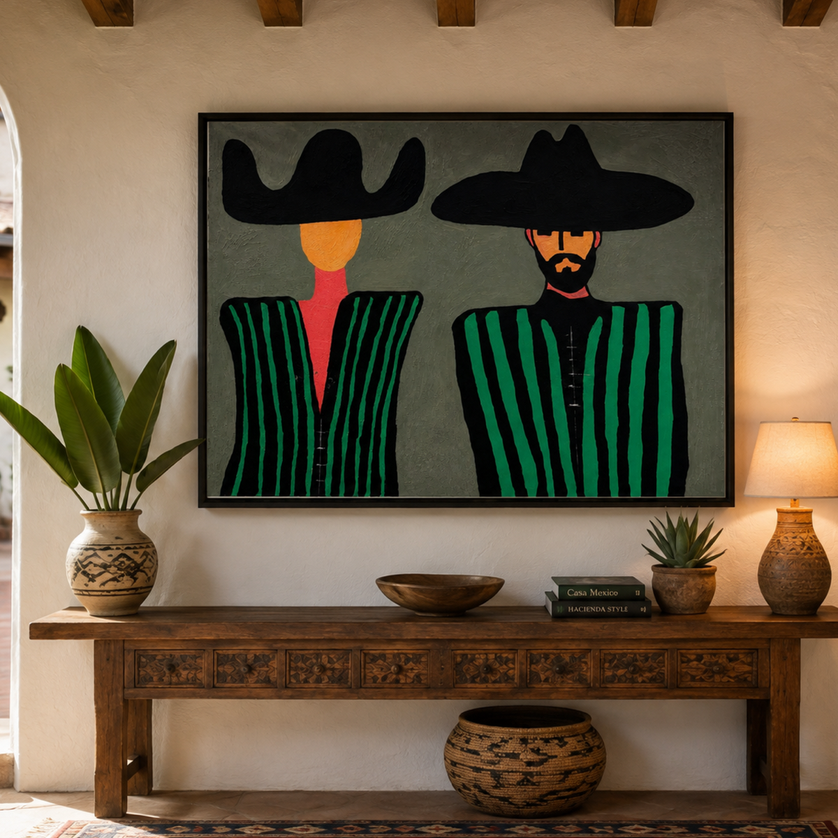 Western Souls in Green – Abstract Expressionist Cowboy Couple, Hand-Painted Acrylic on Horizontal Canvas