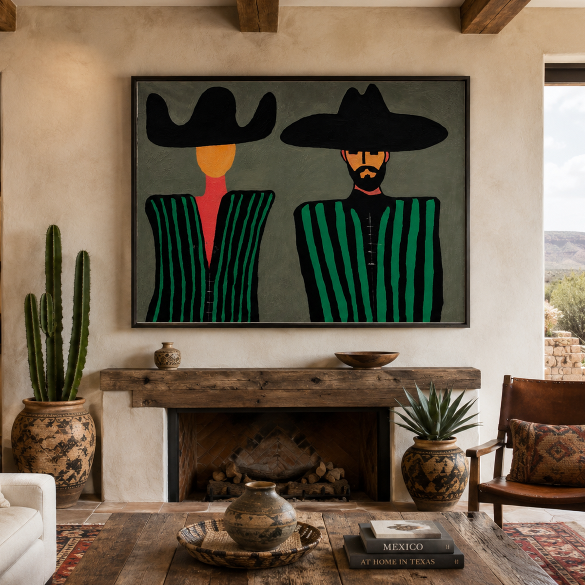 Western Souls in Green – Abstract Expressionist Cowboy Couple, Hand-Painted Acrylic on Horizontal Canvas