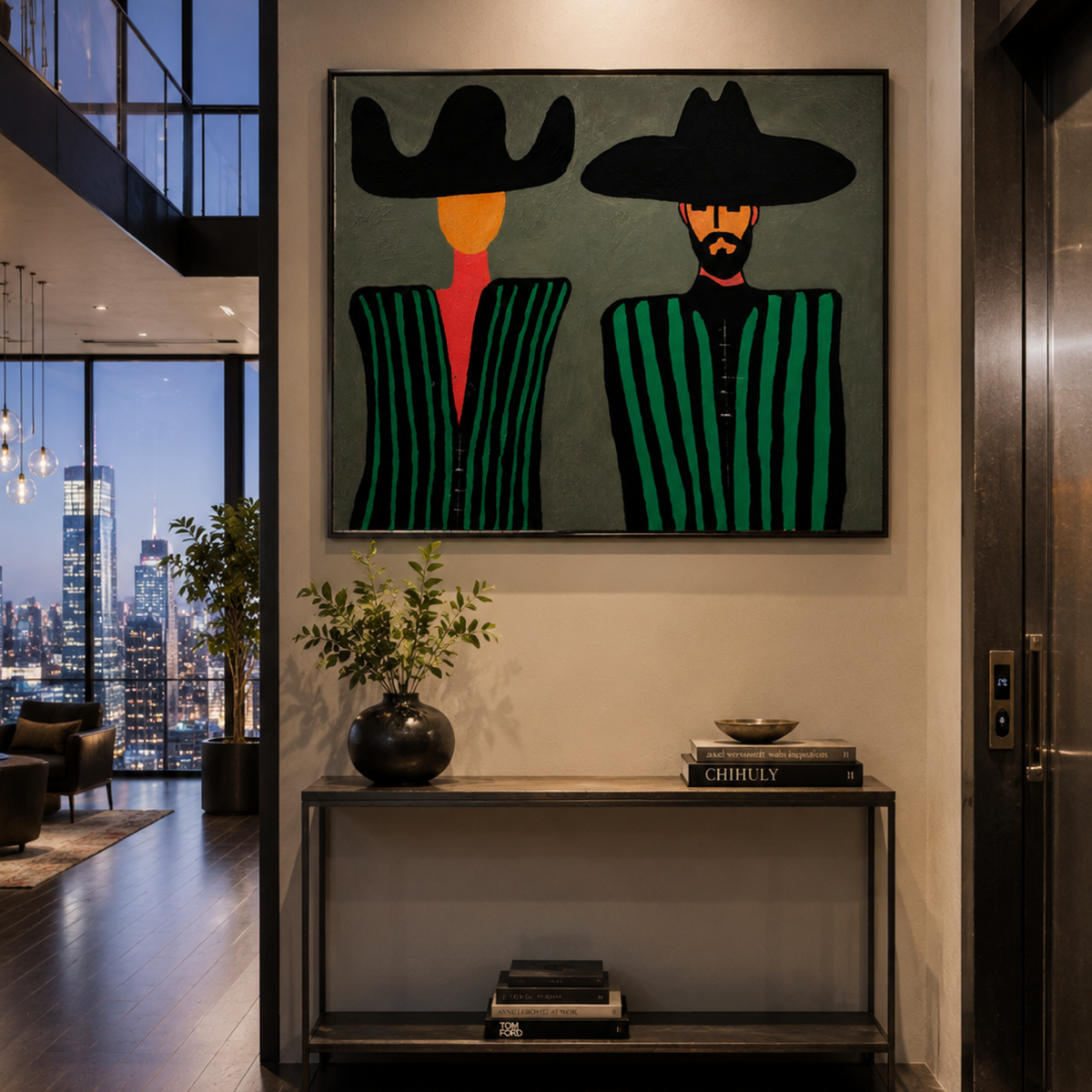 Western Souls in Green – Abstract Expressionist Cowboy Couple, Hand-Painted Acrylic on Horizontal Canvas