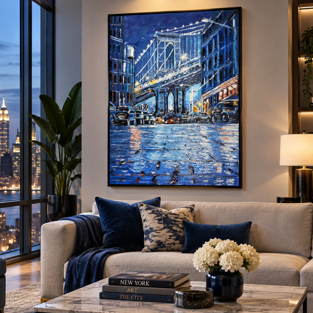 Brooklyn Bridge New York Original Acrylic Painting 26x36, Palette Knife & Brush, Textured NYC Cityscape Wall Art
