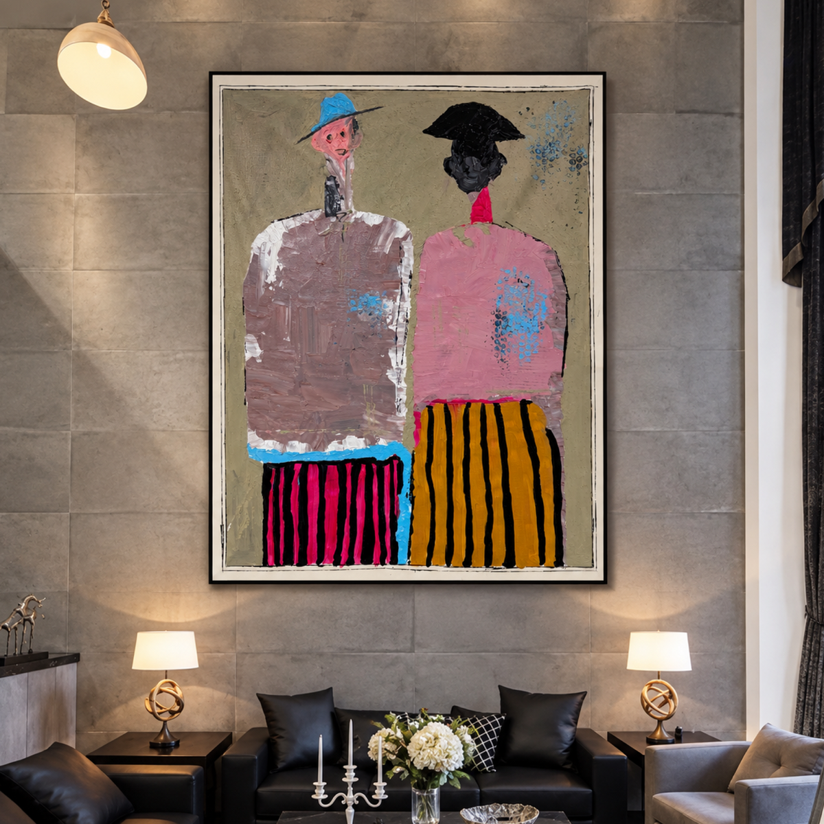 Two Figures in Stripes – Original Neo-Expressionist Acrylic Painting, 26x36 Canvas, Hand-Painted with Palette Knife & Brush