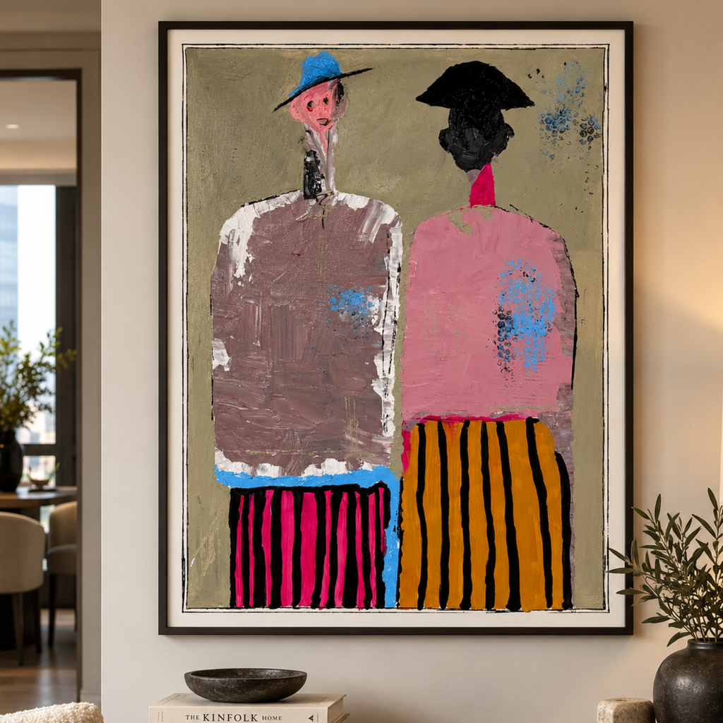 Two Figures in Stripes – Original Neo-Expressionist Acrylic Painting, 26x36 Canvas, Hand-Painted with Palette Knife & Brush