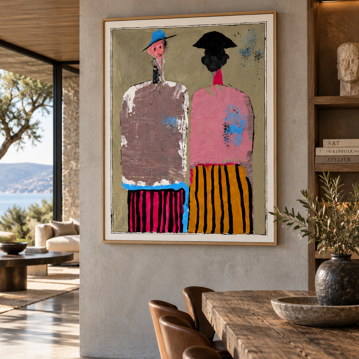 Two Figures in Stripes – Original Neo-Expressionist Acrylic Painting, 26x36 Canvas, Hand-Painted with Palette Knife & Brush