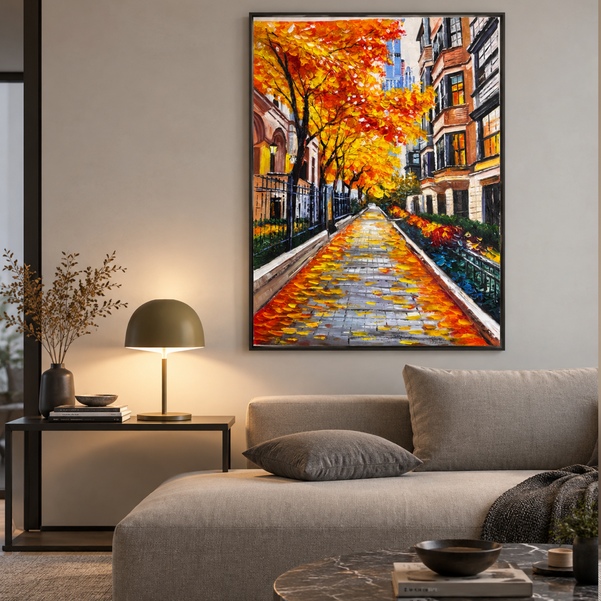 New York Autumn Street Painting, Original 26x36 Acrylic Canvas, Manhattan Cityscape, Palette Knife & Brush, Textured Urban Wall Art