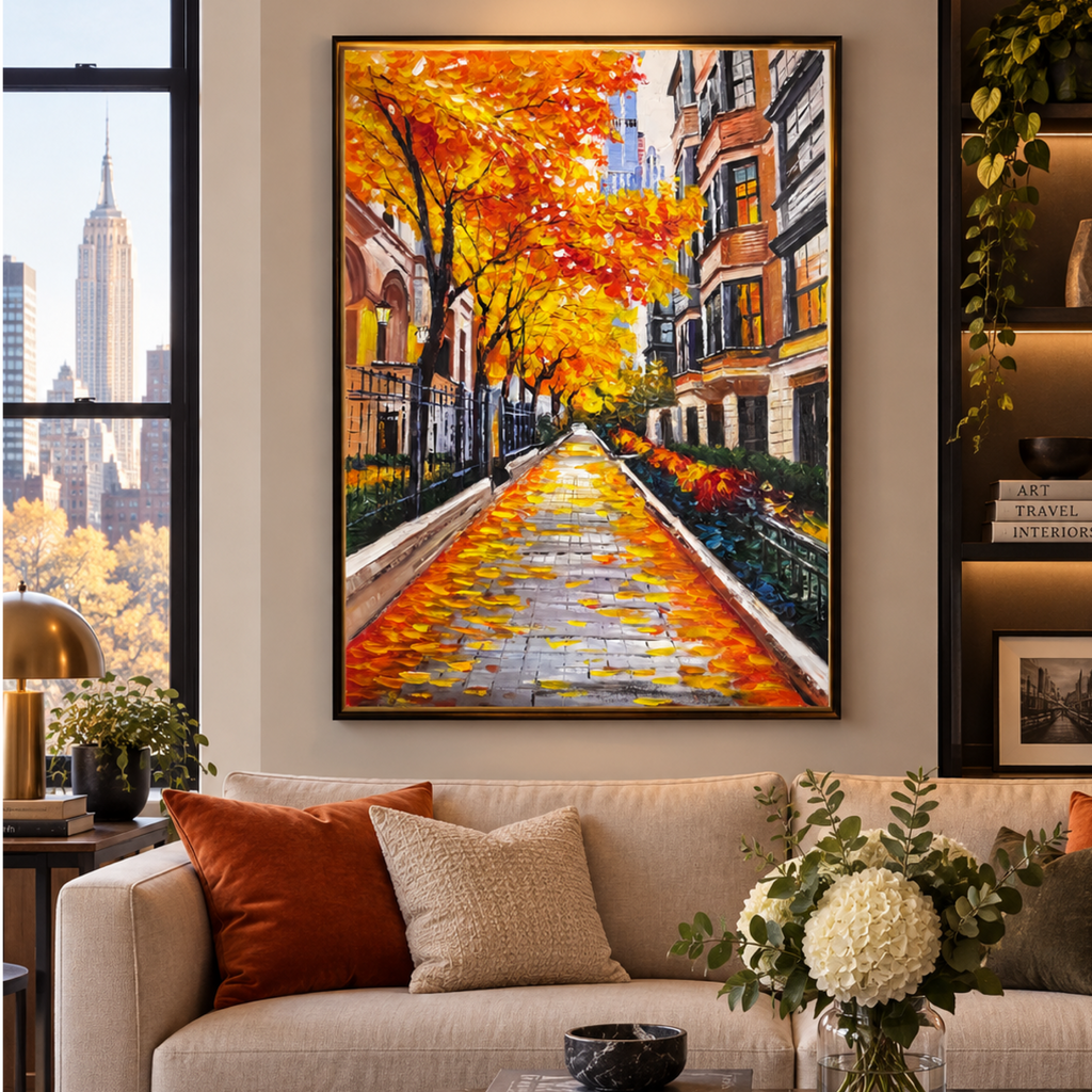 New York Autumn Street Painting, Original 26x36 Acrylic Canvas, Manhattan Cityscape, Palette Knife & Brush, Textured Urban Wall Art