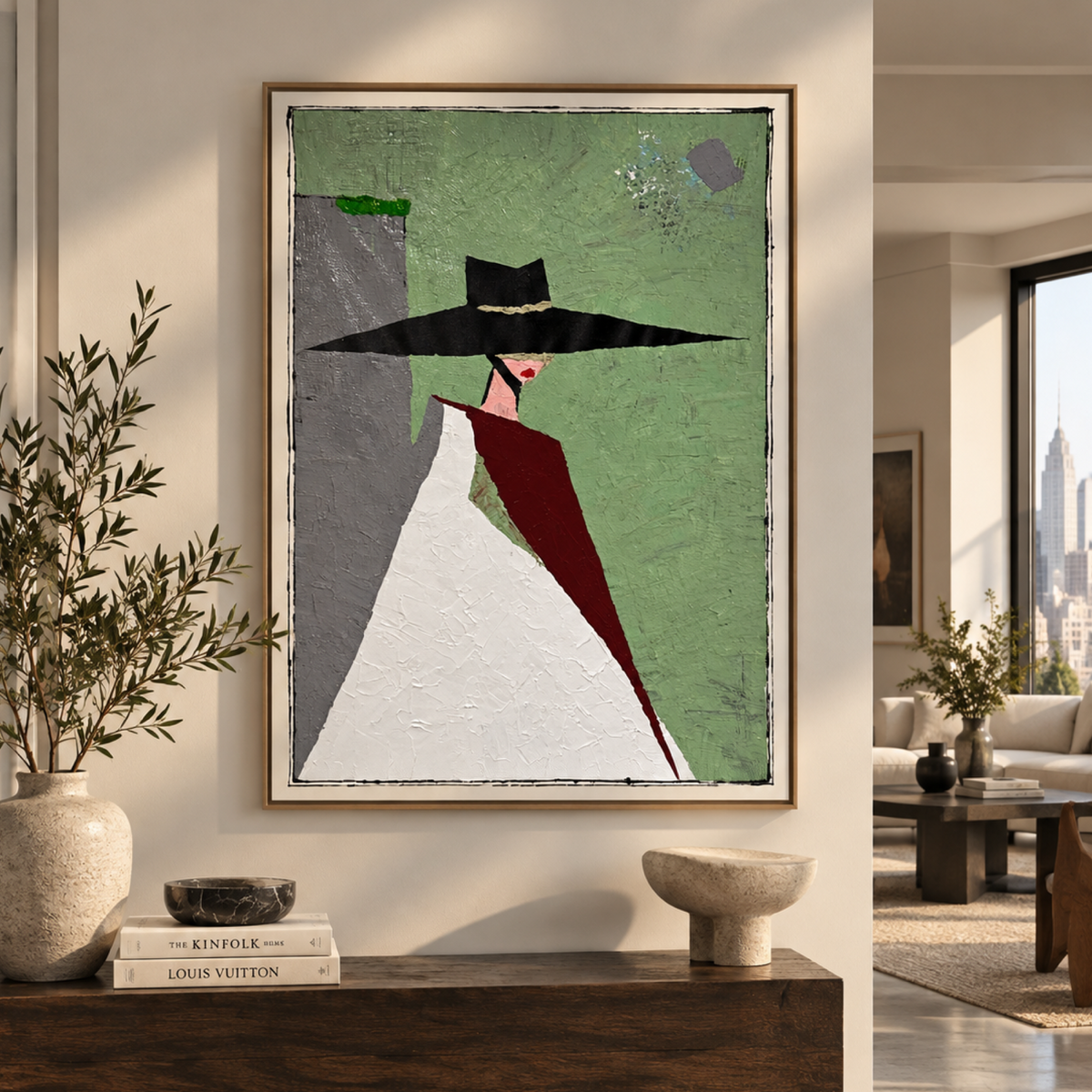Abstract Woman in Black Hat Original Acrylic Painting 26x36, Textured Expressionist Fashion Wall Art on Canvas