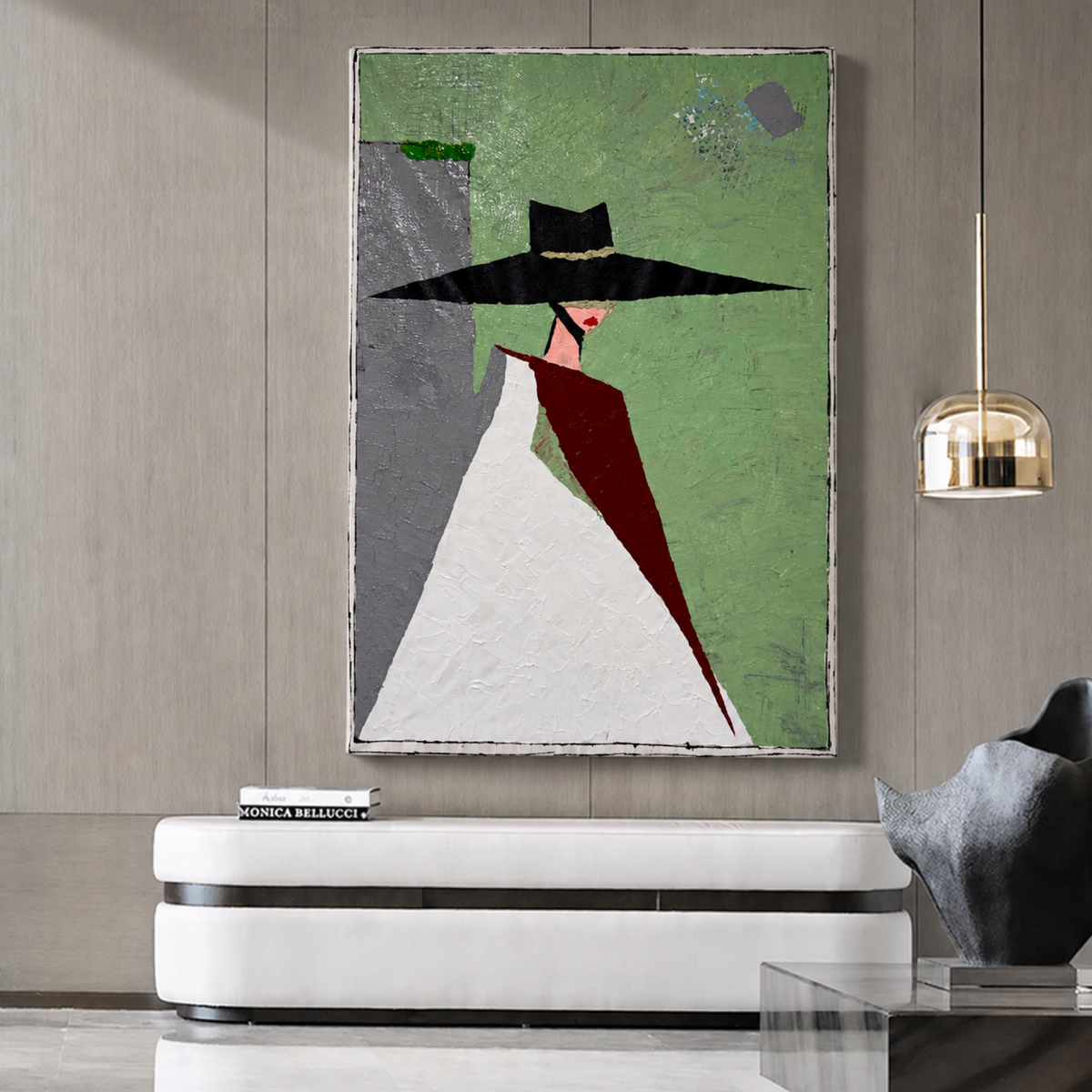 Abstract Woman in Black Hat Original Acrylic Painting 26x36, Textured Expressionist Fashion Wall Art on Canvas