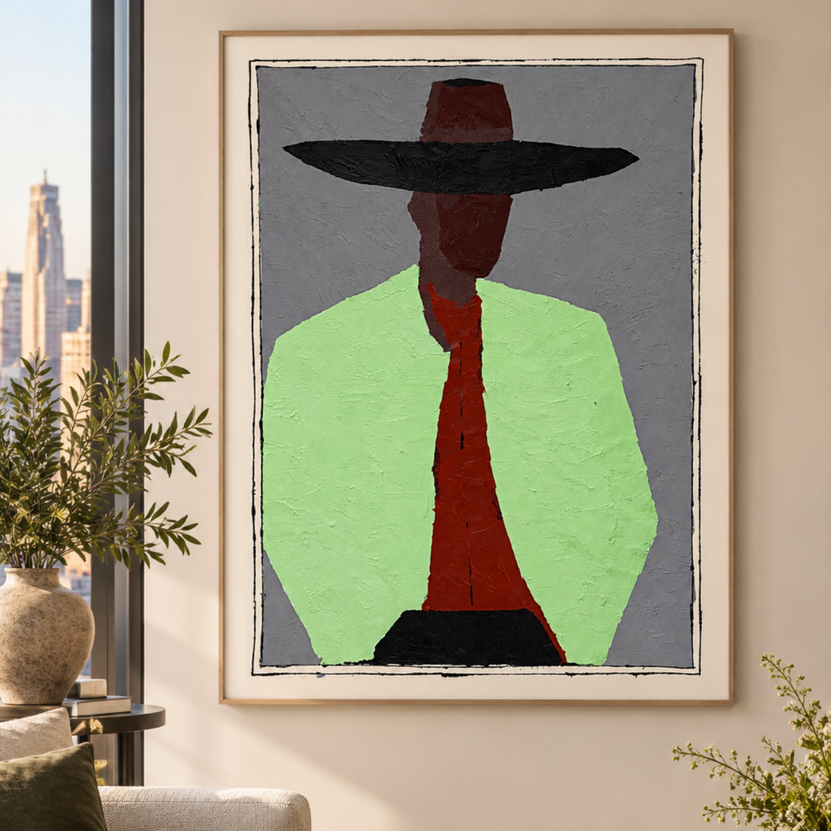 Expressionist Abstract Portrait Painting, 26x36 Original Acrylic on Canvas, Modern Figurative Art, Wide Hat, Textured Wall Art