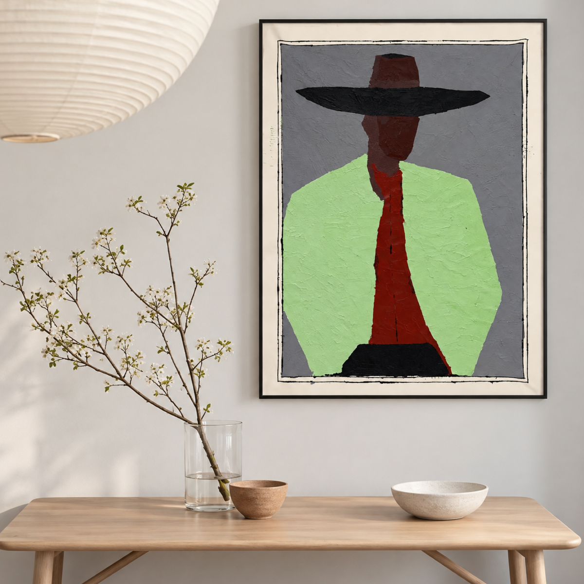 Expressionist Abstract Portrait Painting, 26x36 Original Acrylic on Canvas, Modern Figurative Art, Wide Hat, Textured Wall Art