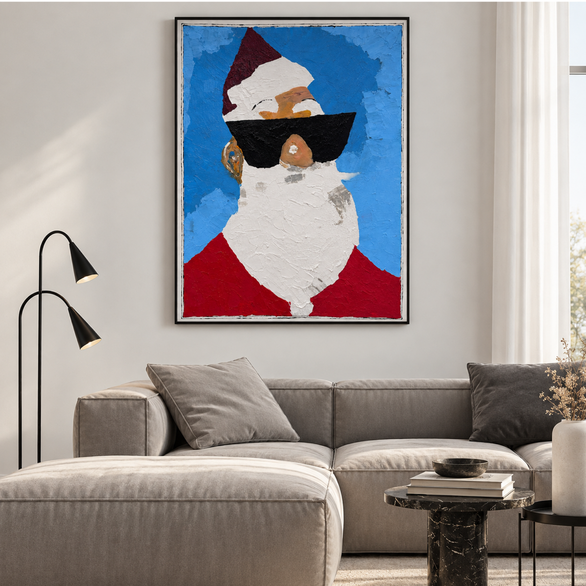 Santa Claus Pop Art Painting, 26x36 Original Acrylic on Canvas, Textured Palette Knife, Expressionist Abstract Christmas Wall Art