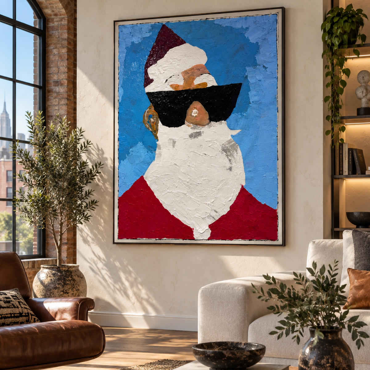 Santa Claus Pop Art Painting, 26x36 Original Acrylic on Canvas, Textured Palette Knife, Expressionist Abstract Christmas Wall Art