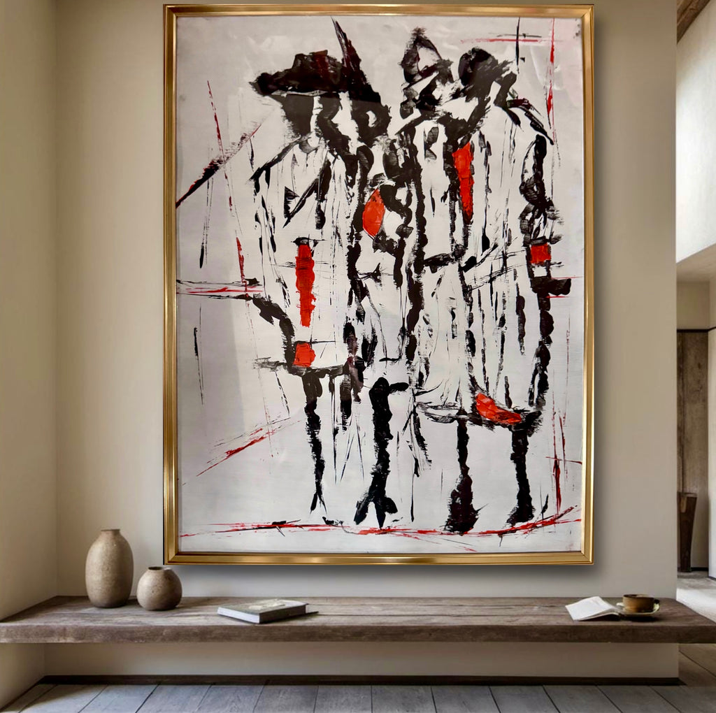 Framed Neo Expressionist Figurative Painting, Gold Metal Frame, Textured Acrylic Art, Black and Red Contemporary Wall Decor