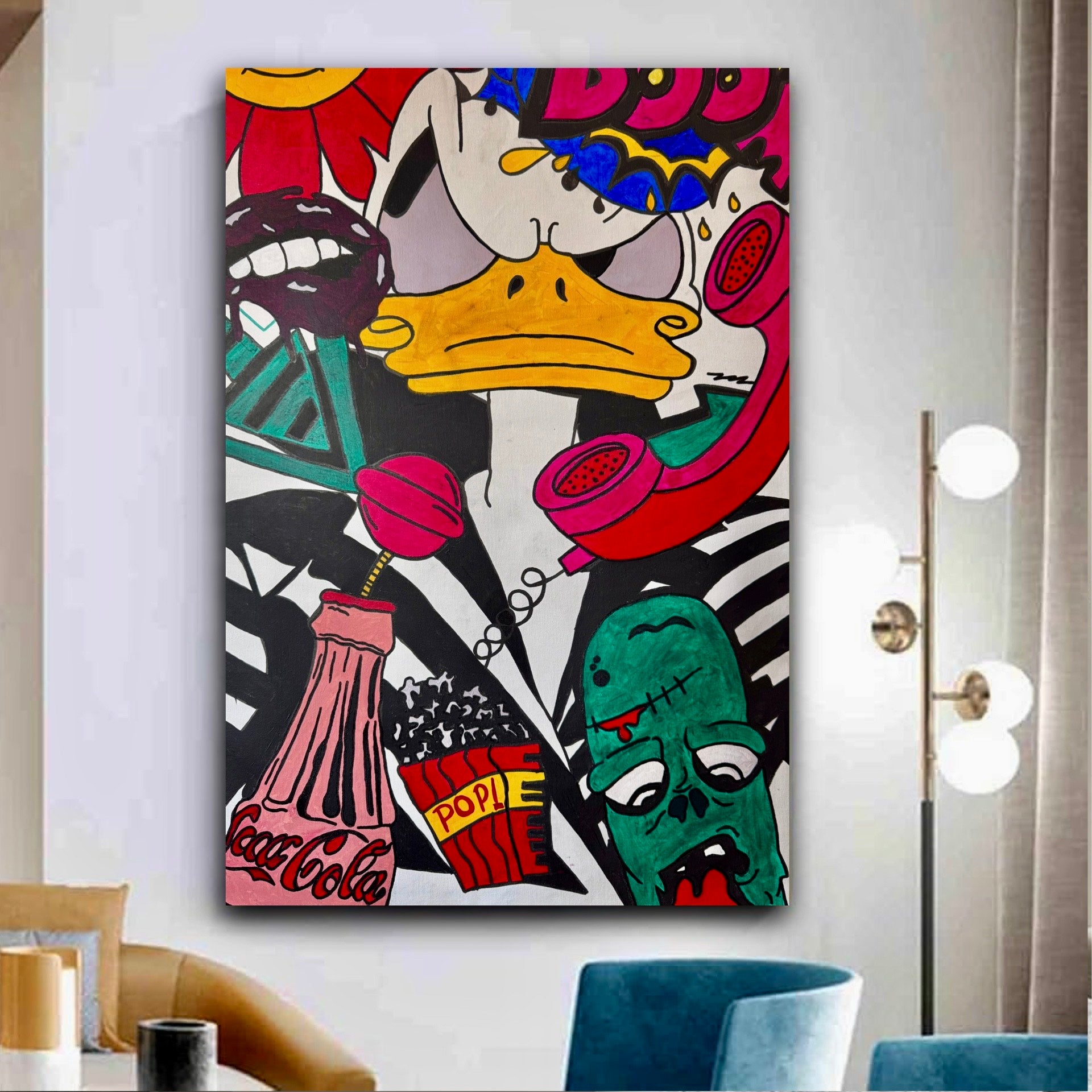 Pop Art Chaos: Duck Face, Vintage Phone & Urban Culture