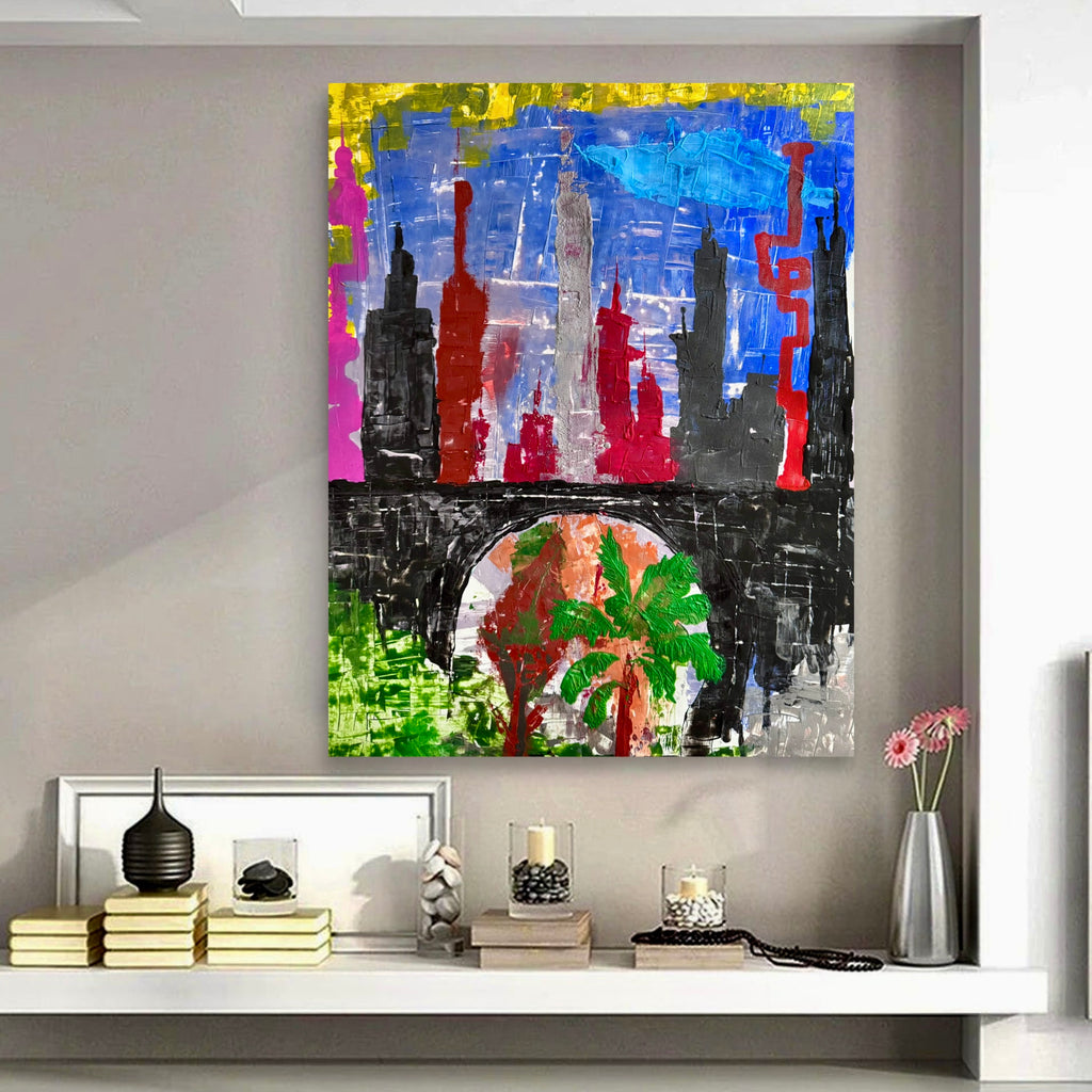 Handmade Abstract City Skyline Painting 22x28 Acrylic on Poster Paper Textured Spatula Brush Unique One of a Kind Modern Urban Art Design NYC