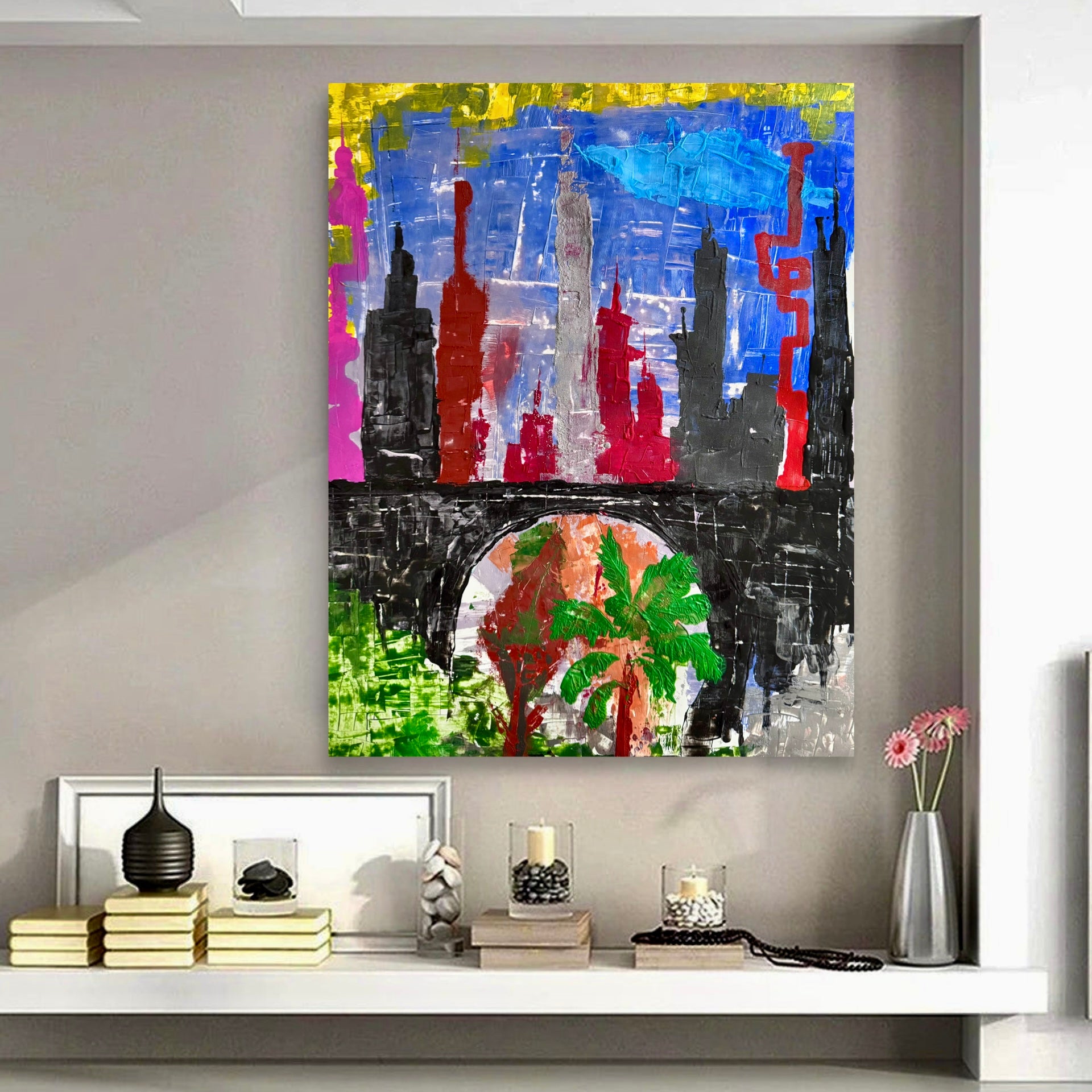 Handmade Abstract City Skyline Painting 22x28 Acrylic on Poster Paper Textured Spatula Brush Unique One of a Kind Modern Urban Art Design NYC
