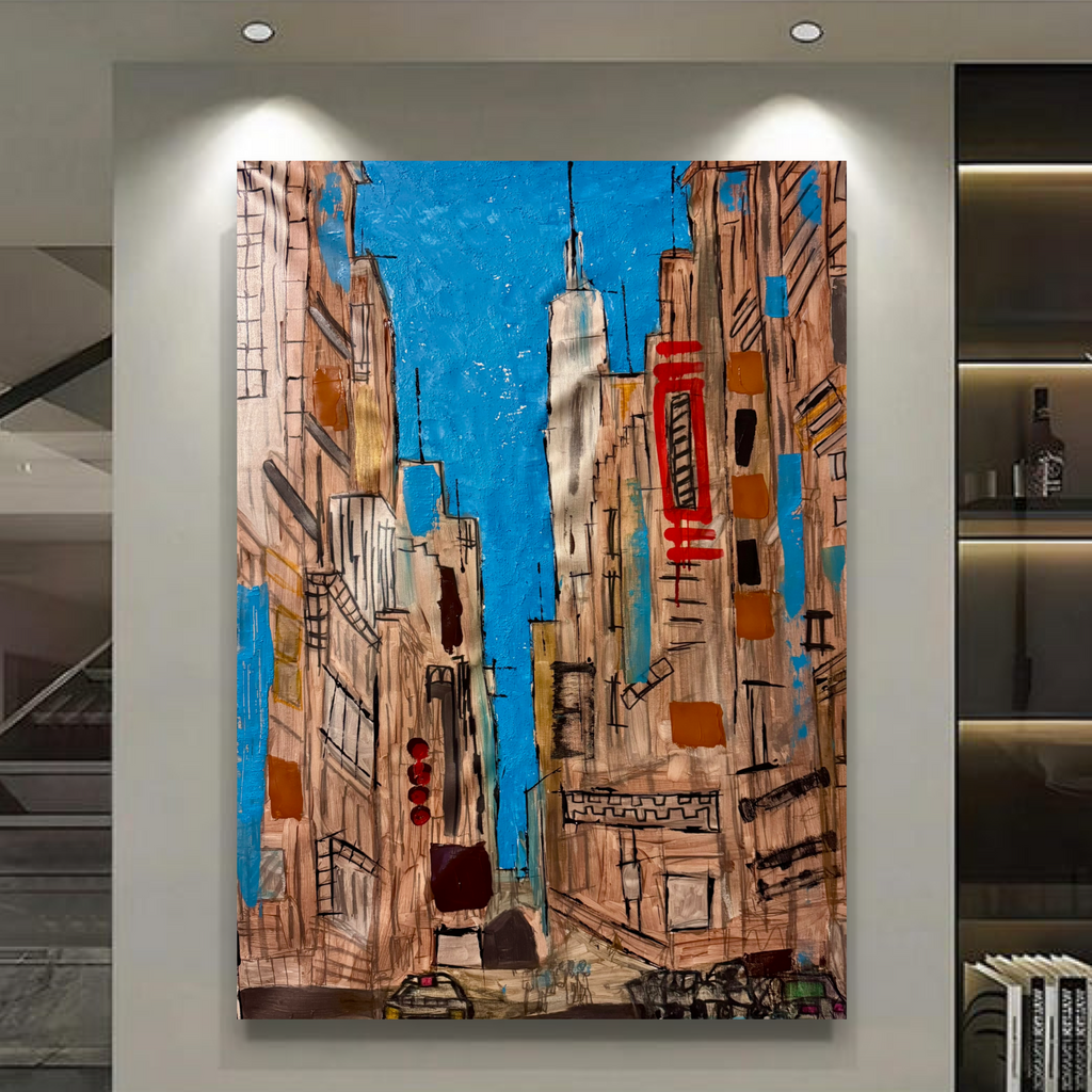 Original NYC Manhattan Skyline Abstract Painting | 26x36 Canvas | Handmade Acrylic & Oil Mixed Media Art