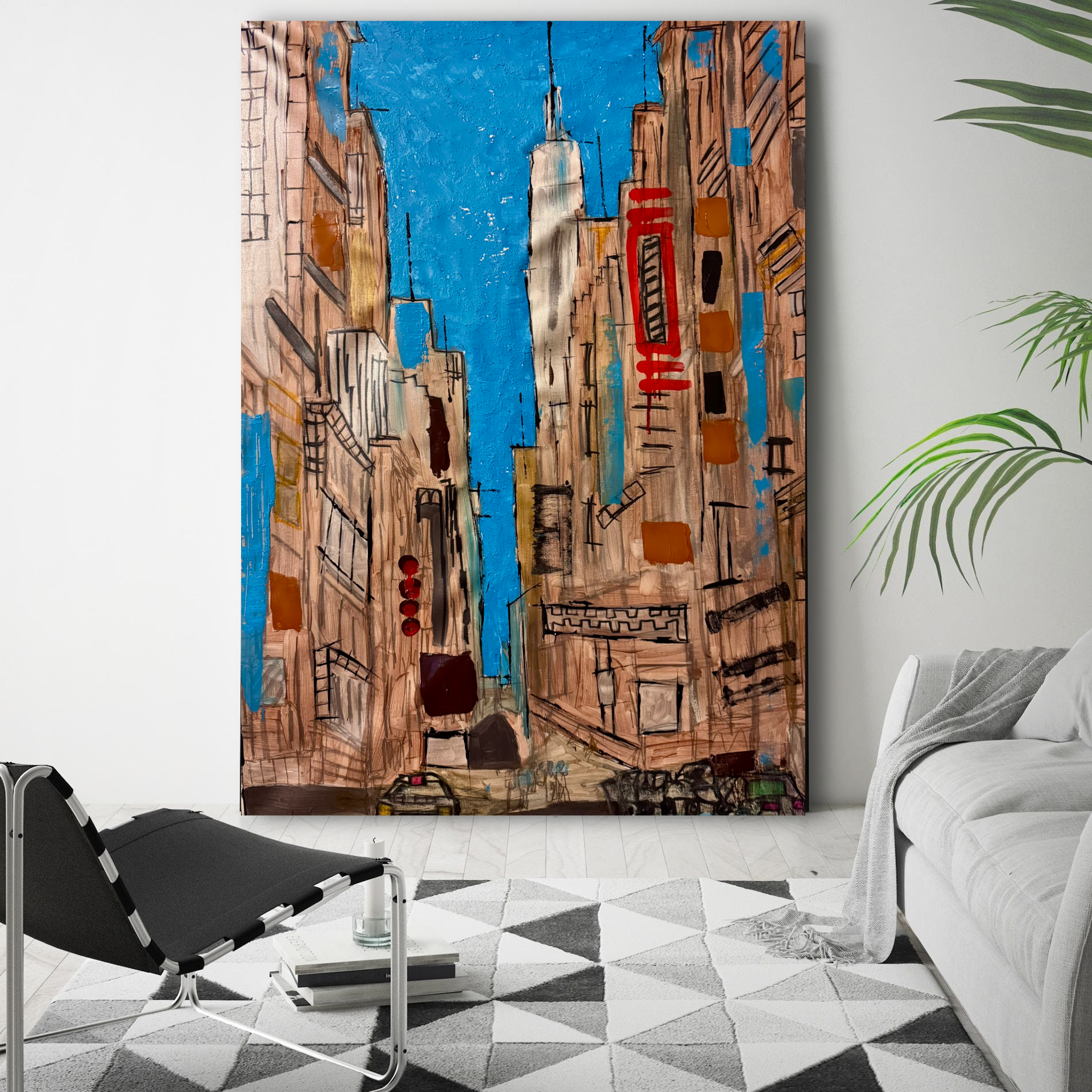 Original NYC Manhattan Skyline Abstract Painting | 26x36 Canvas | Handmade Acrylic & Oil Mixed Media Art