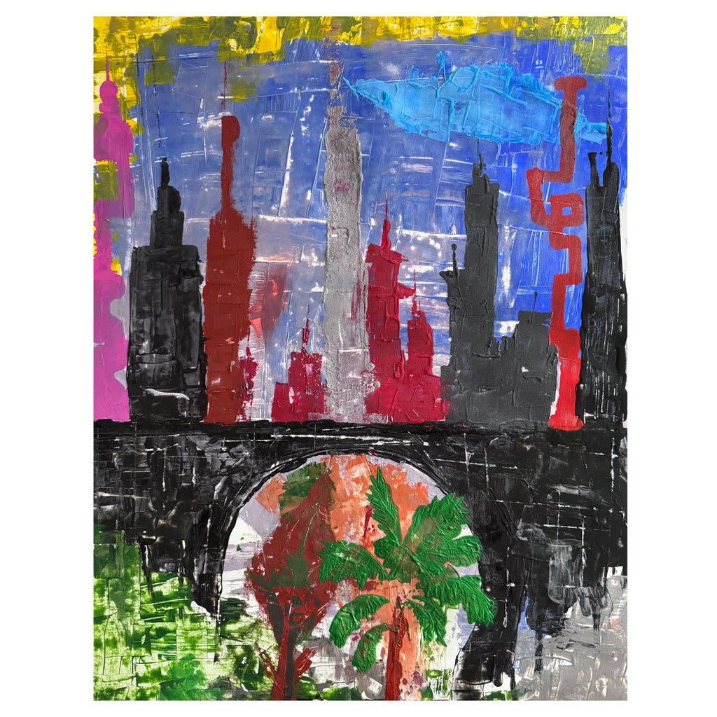 Handmade Abstract City Skyline Painting 22x28 Acrylic on Poster Paper Textured Spatula Brush Unique One of a Kind Modern Urban Art Design NYC