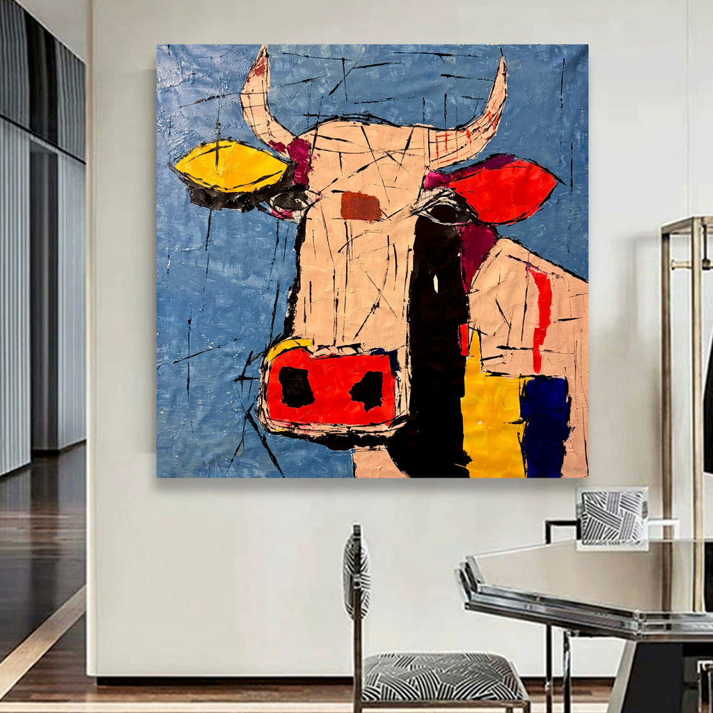 Abstract Cow Painting 32x32 Canvas, Handmade Acrylic Art, Textured Palette Knife Artwork, Modern Expressionist Wall Decor