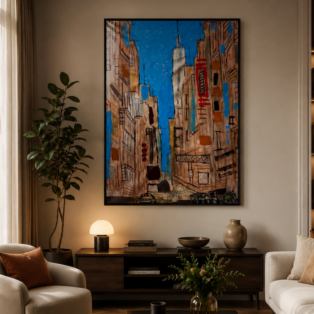 Original NYC Manhattan Skyline Abstract Painting | 26x36 Canvas | Handmade Acrylic & Oil Mixed Media Art