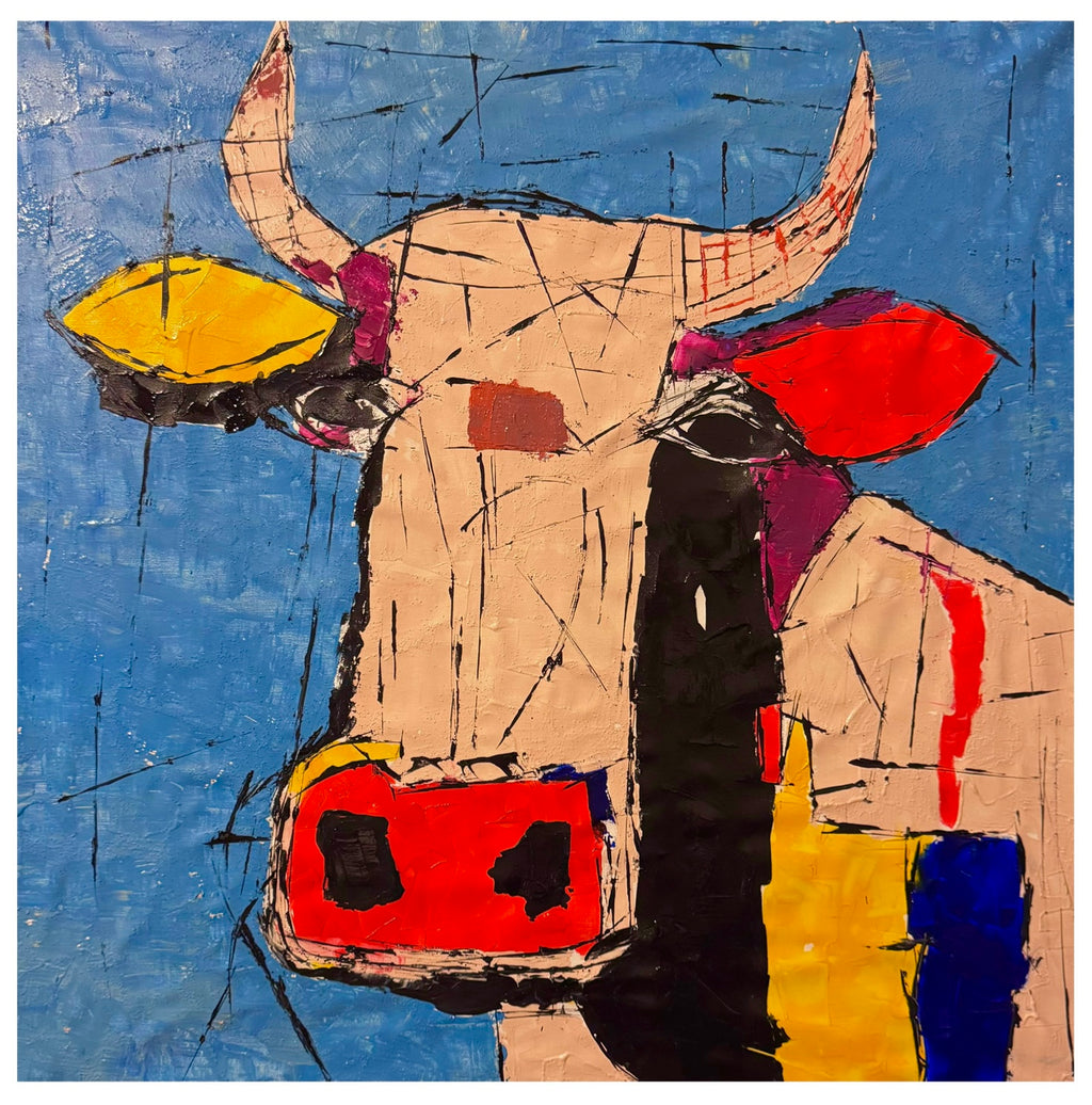 Abstract Cow Painting 32x32 Canvas, Handmade Acrylic Art, Textured Palette Knife Artwork, Modern Expressionist Wall Decor