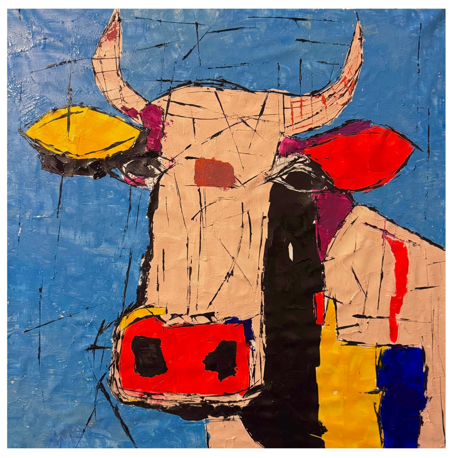 Abstract Cow Painting 32x32 Canvas, Handmade Acrylic Art, Textured Palette Knife Artwork, Modern Expressionist Wall Decor