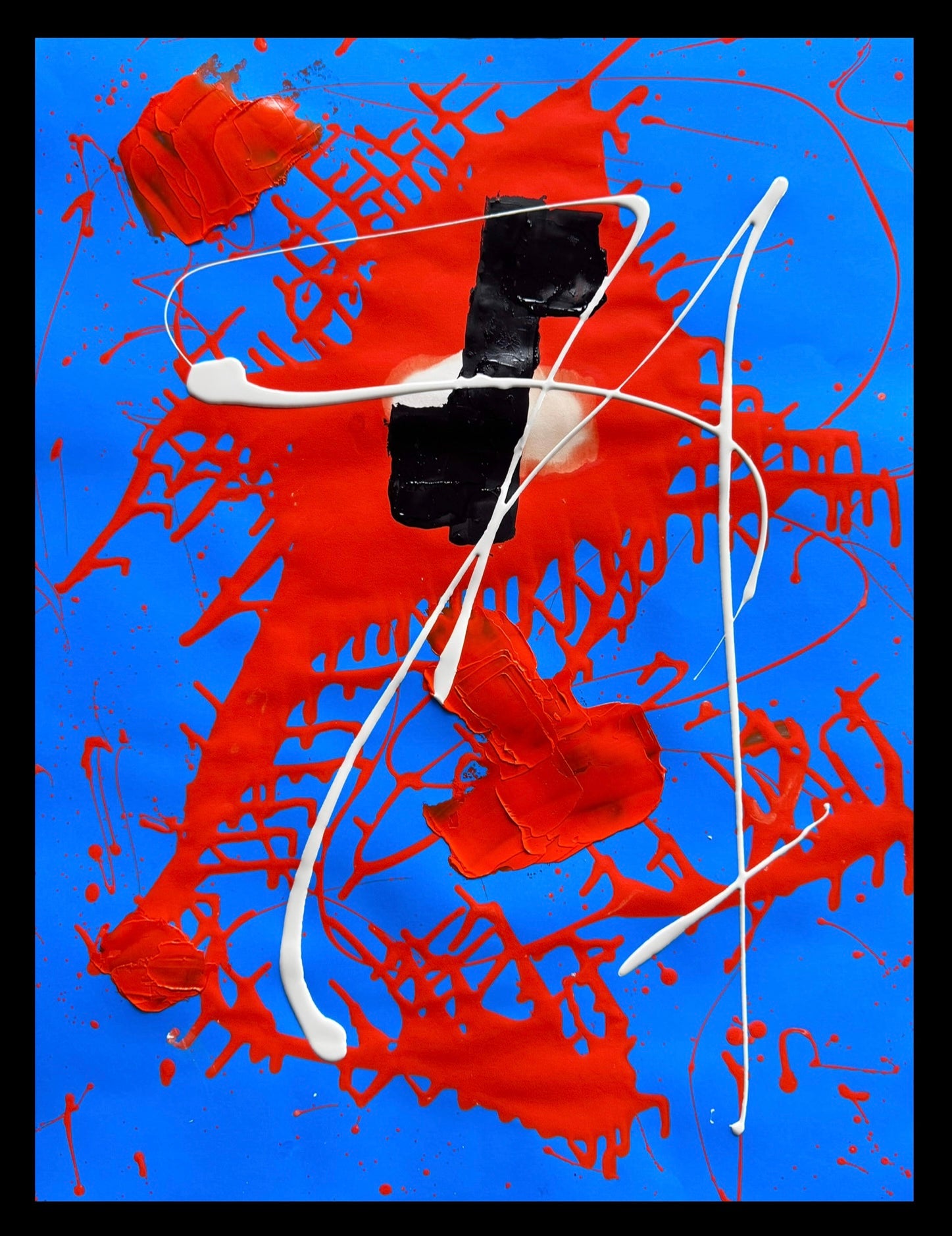 Bold Abstract Expression in Red, Blue and White – Textured Contemporary Acrylic Painting with Dynamic Splashes and Sculptural Layers