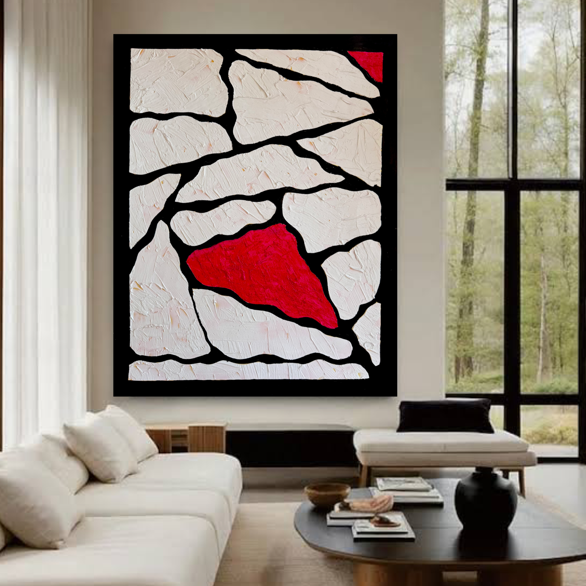 Textured Minimal Abstract Painting Black White Red Modern Wall Art, Contemporary Large Statement Artwork, Handcrafted Acrylic Texture Art