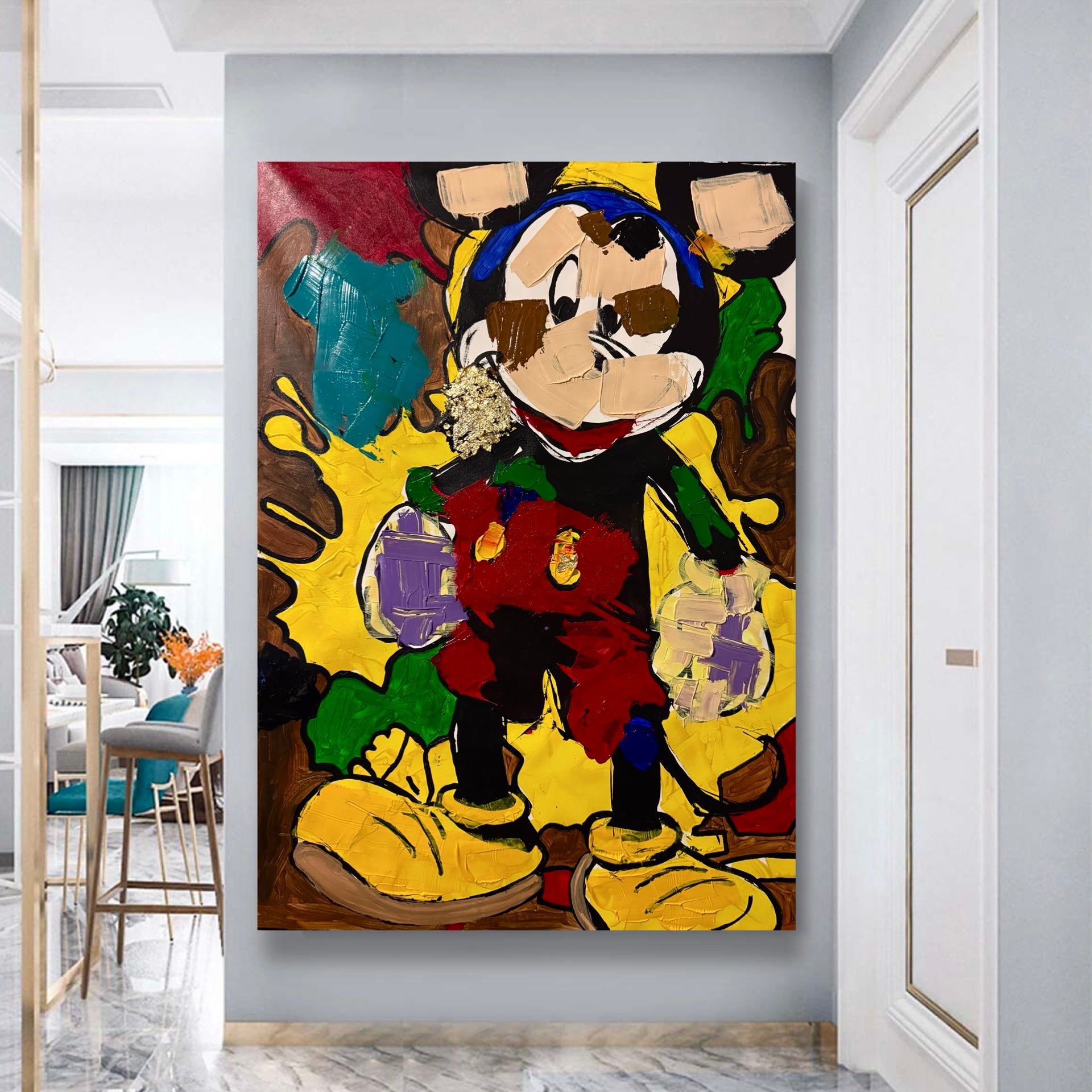 Abstract Mickey Mouse Acrylic Painting | Original Handmade Pop Art Canvas | Textured Brush & Palette Knife Artwork 26x36 inch