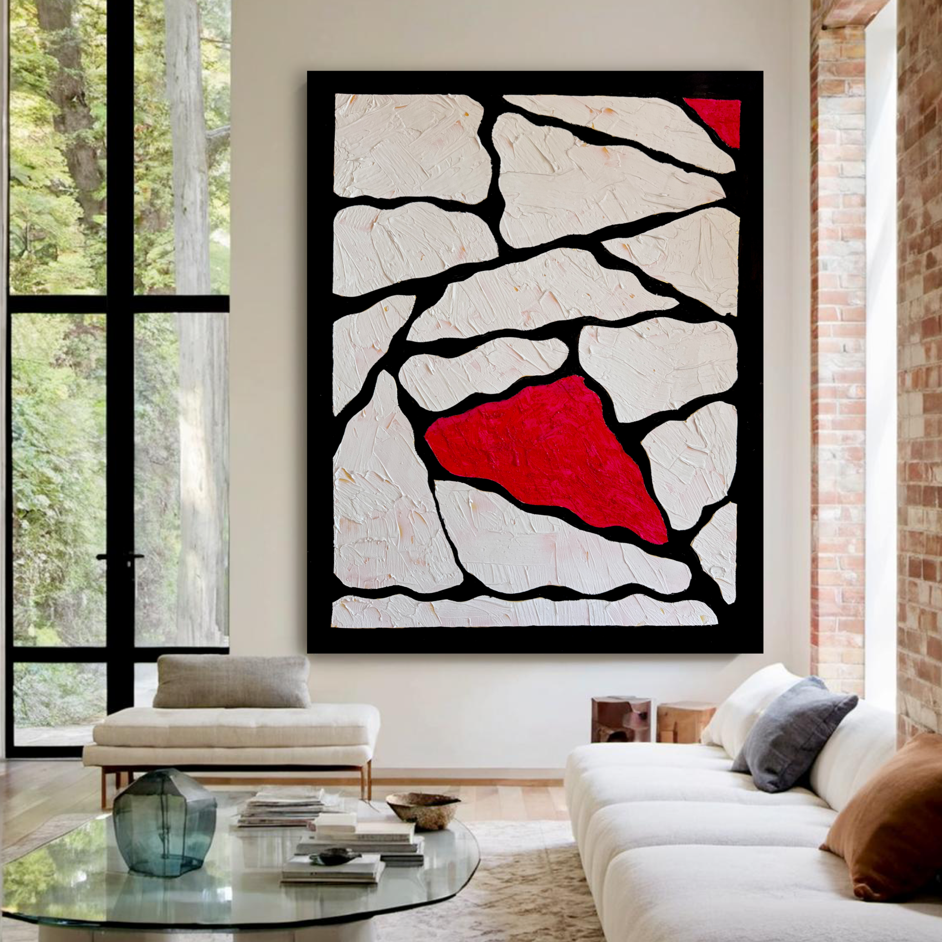 Textured Minimal Abstract Painting Black White Red Modern Wall Art, Contemporary Large Statement Artwork, Handcrafted Acrylic Texture Art