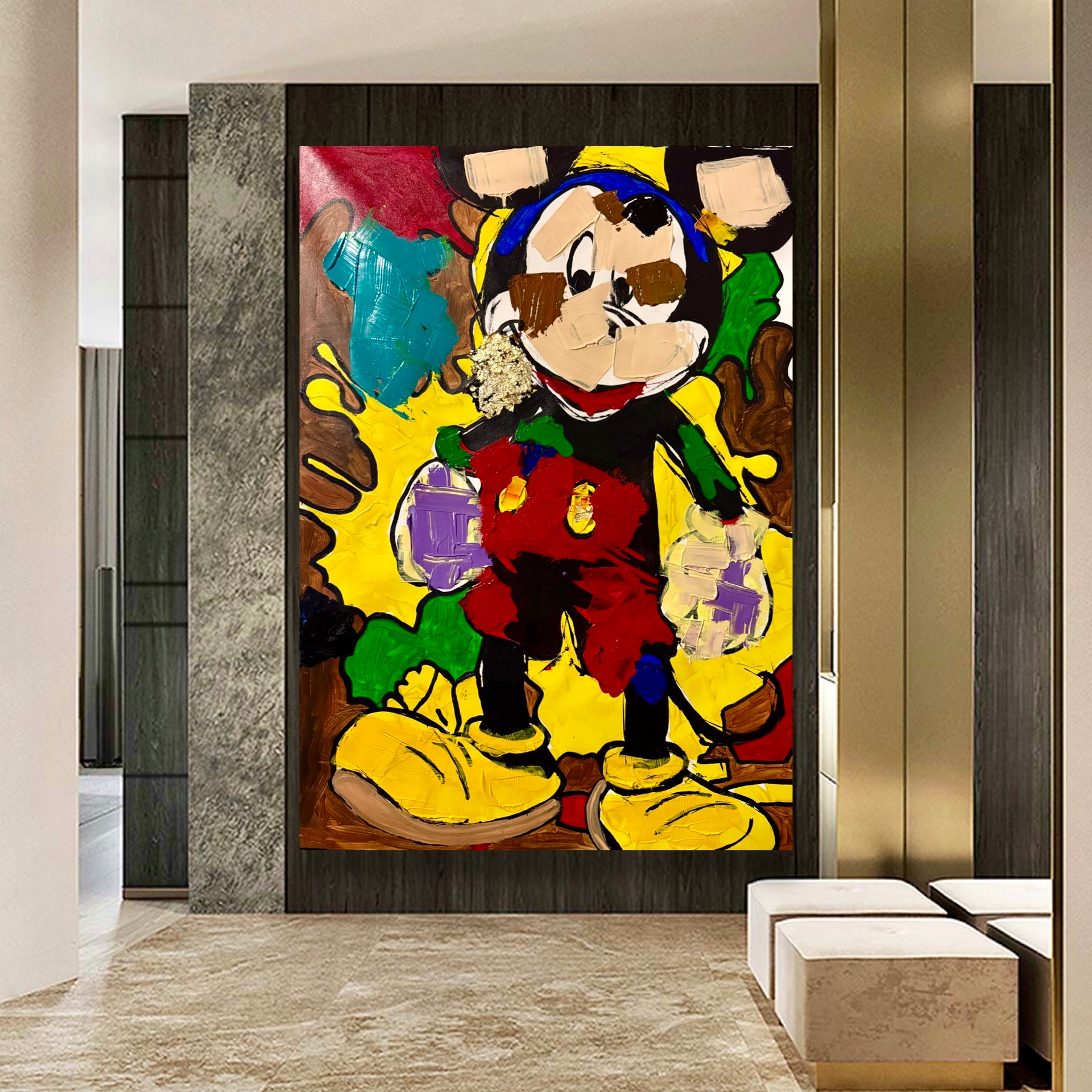 Abstract Mickey Mouse Acrylic Painting | Original Handmade Pop Art Canvas | Textured Brush & Palette Knife Artwork 26x36 inch