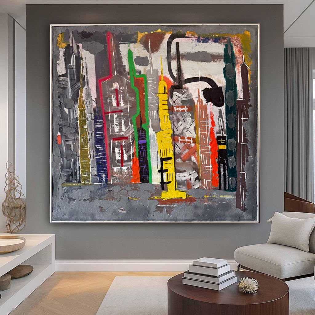 New York Cityscape Acrylic Painting – Framed Abstract Art (36x32 inch)