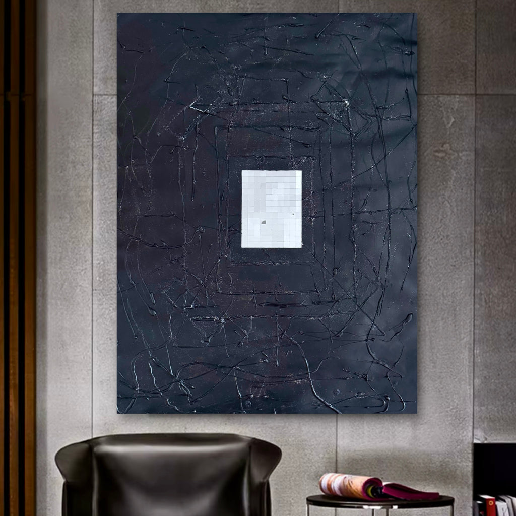 Abstract Textured Mixed Media Painting, Acrylic & Silicone Relief, Glass Elements, Dark Minimal Modern Art on Poster, 22x28 Inches