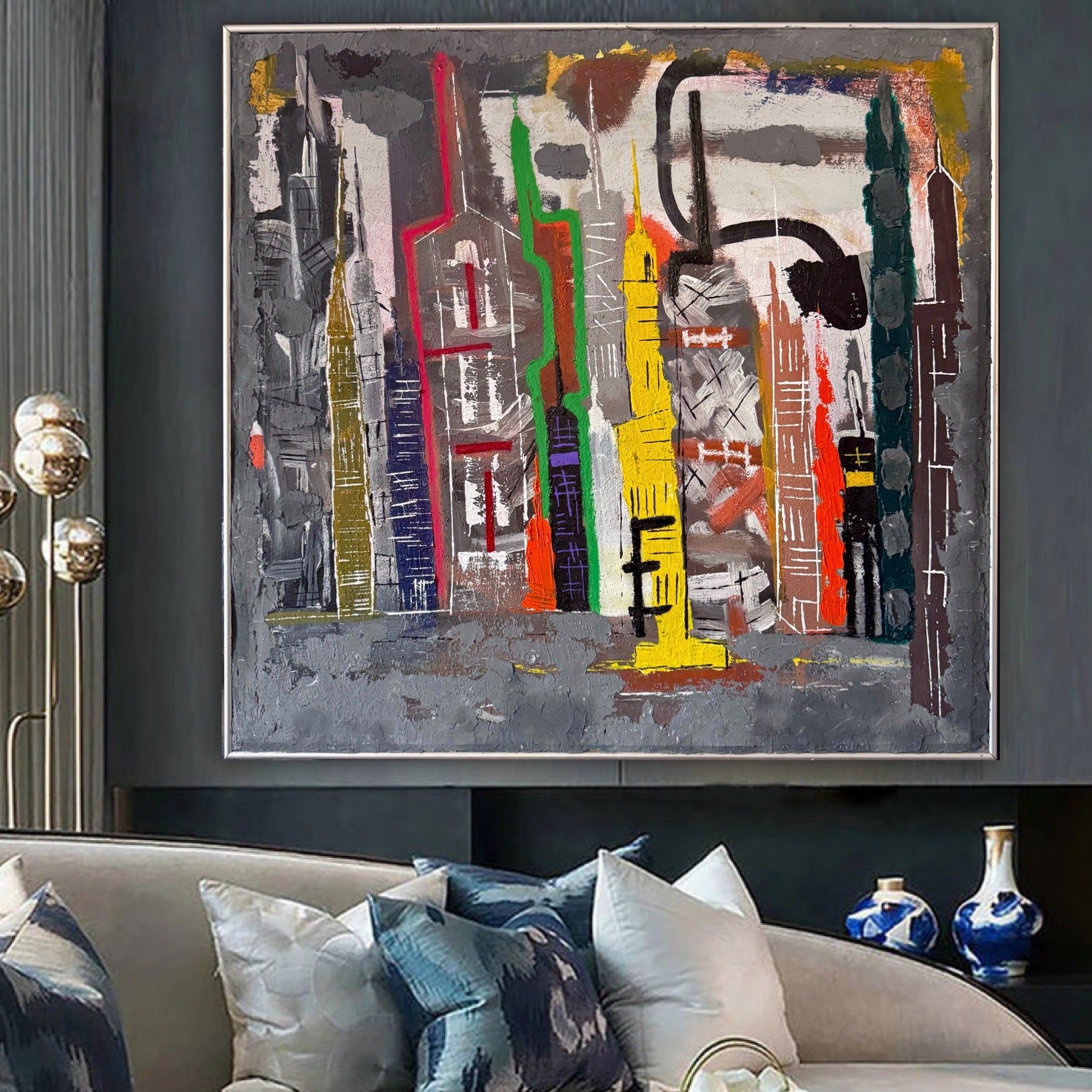 New York Cityscape Acrylic Painting – Framed Abstract Art (36x32 inch)