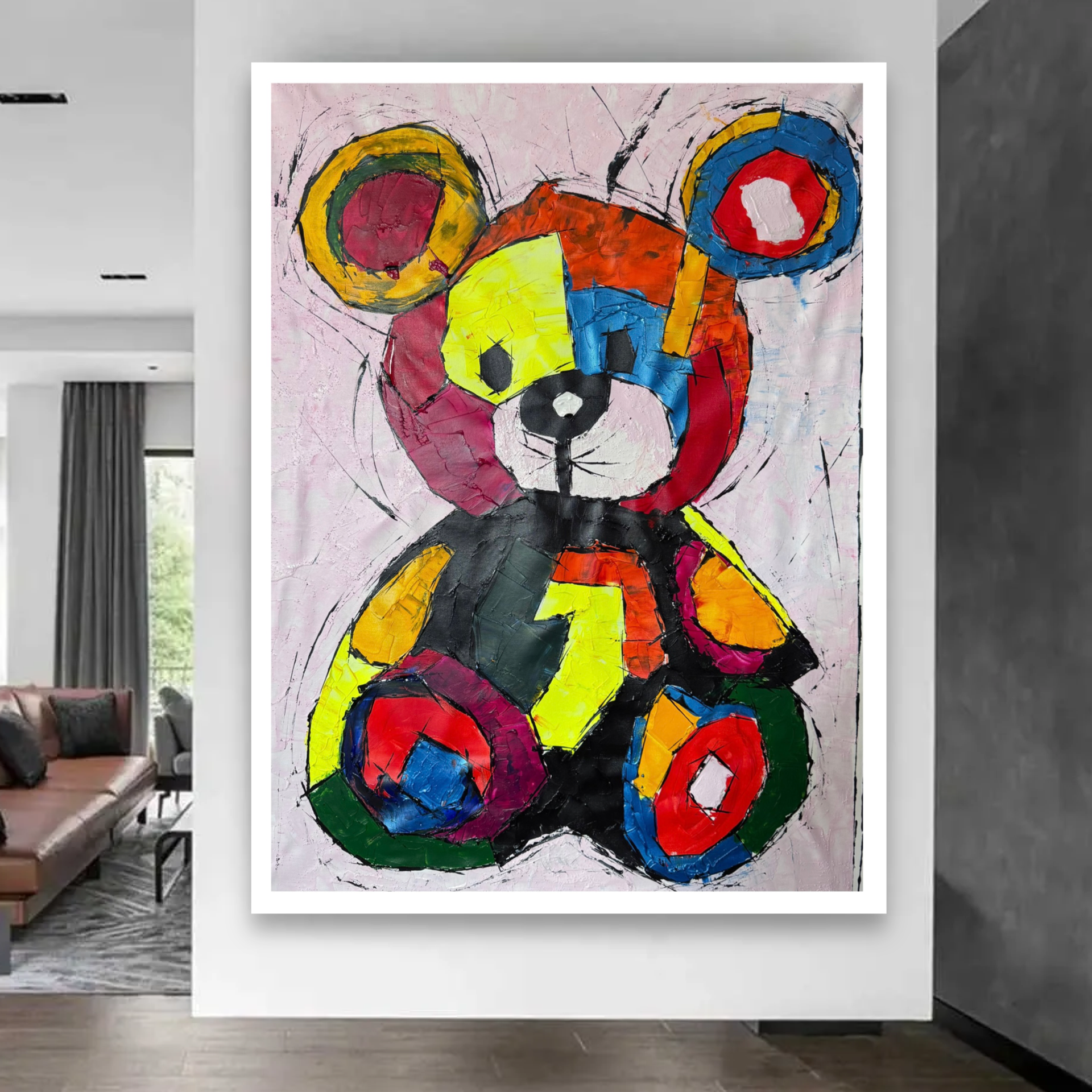 Original Colorful Teddy Bear Pop Art Painting 26x36 Canvas, Handmade Acrylic Abstract Wall Art, One of a Kind Decor