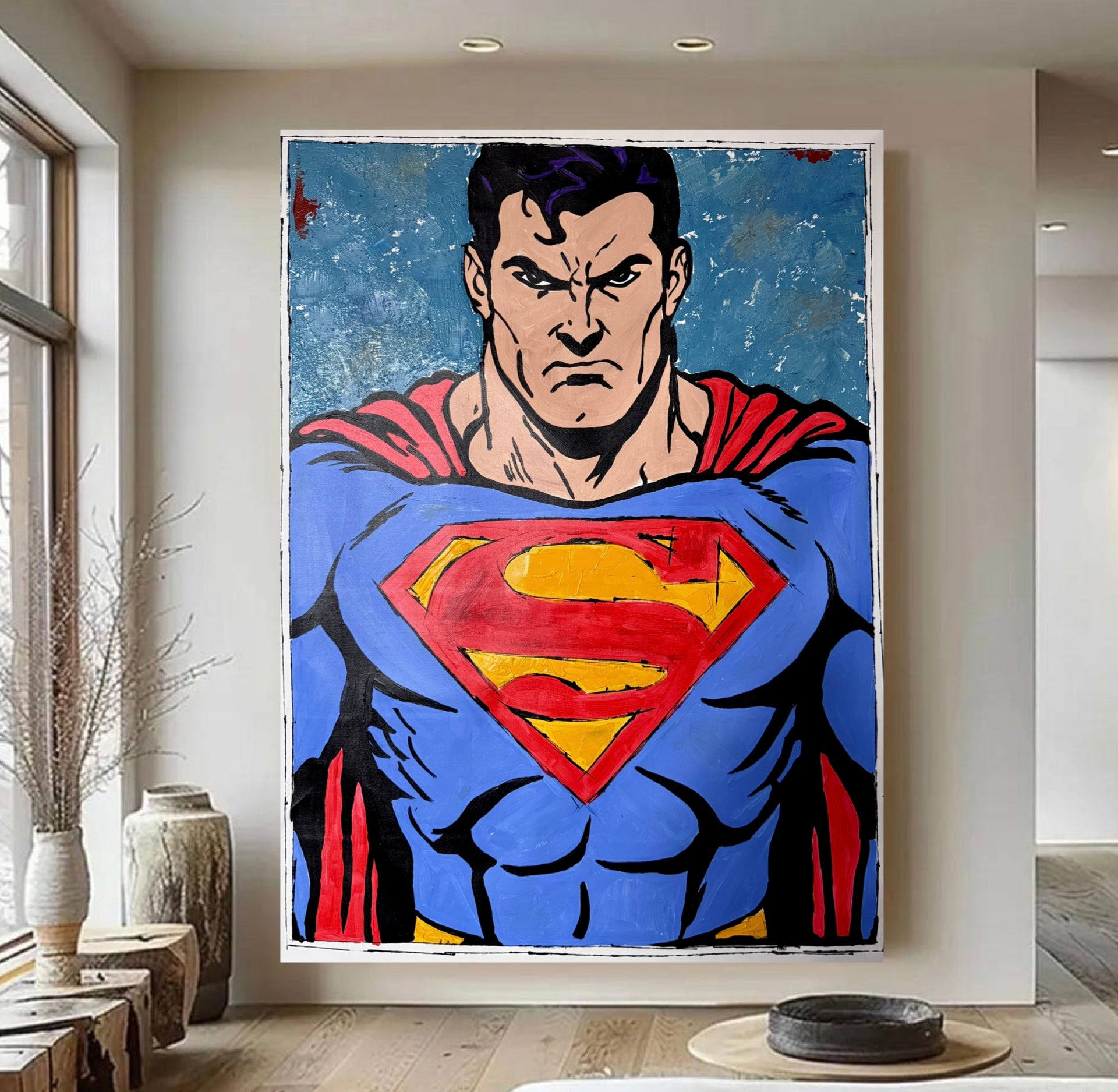 Superman Abstract Acrylic Painting on Canvas 26x36 | Handmade Pop Art Comic Style Wall Artwork