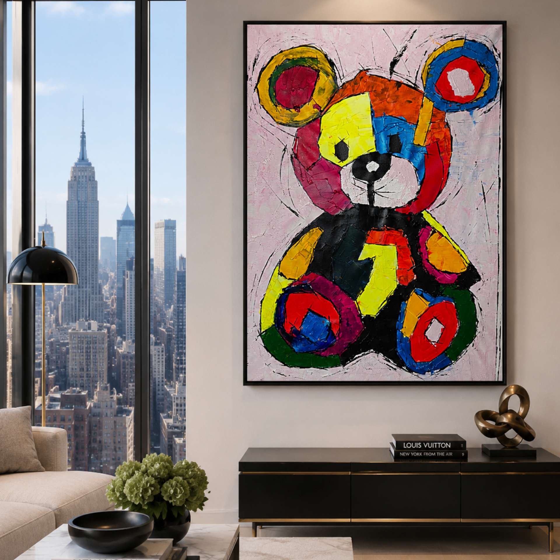 Original Colorful Teddy Bear Pop Art Painting 26x36 Canvas, Handmade Acrylic Abstract Wall Art, One of a Kind Decor