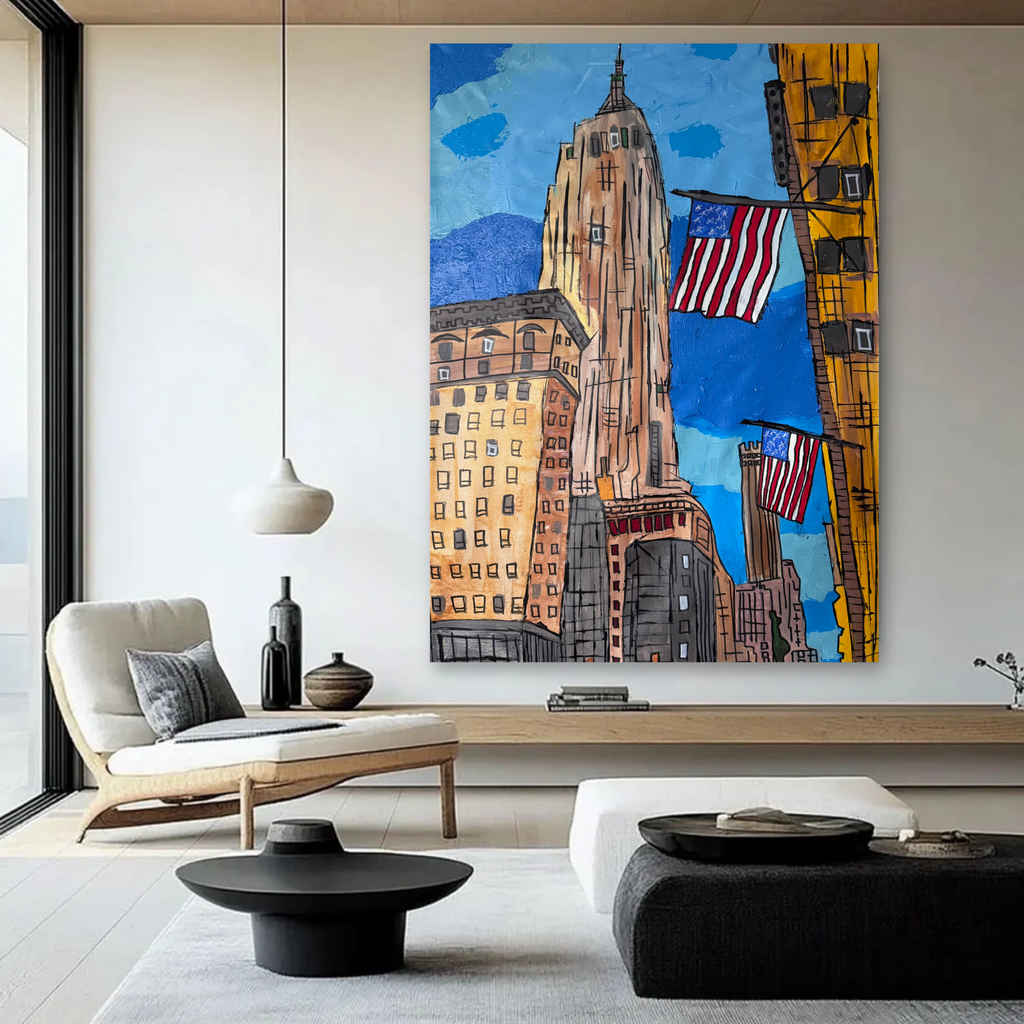 Original NYC Skyline Abstract Painting 26x36, Handmade Acrylic Canvas Art with American Flag, Textured Modern Wall Decor