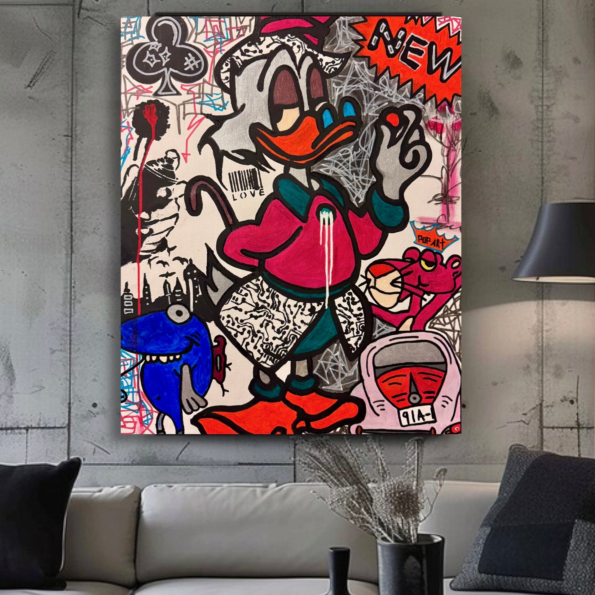 Donald Duck Pop Art Painting: Graffiti Style Acrylic Canvas (20x24 inch, Canvas)