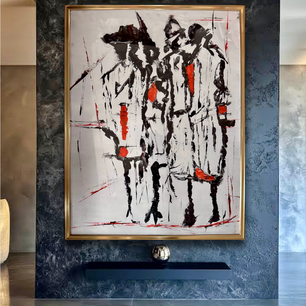 Framed Neo Expressionist Figurative Painting, Gold Metal Frame, Textured Acrylic Art, Black and Red Contemporary Wall Decor