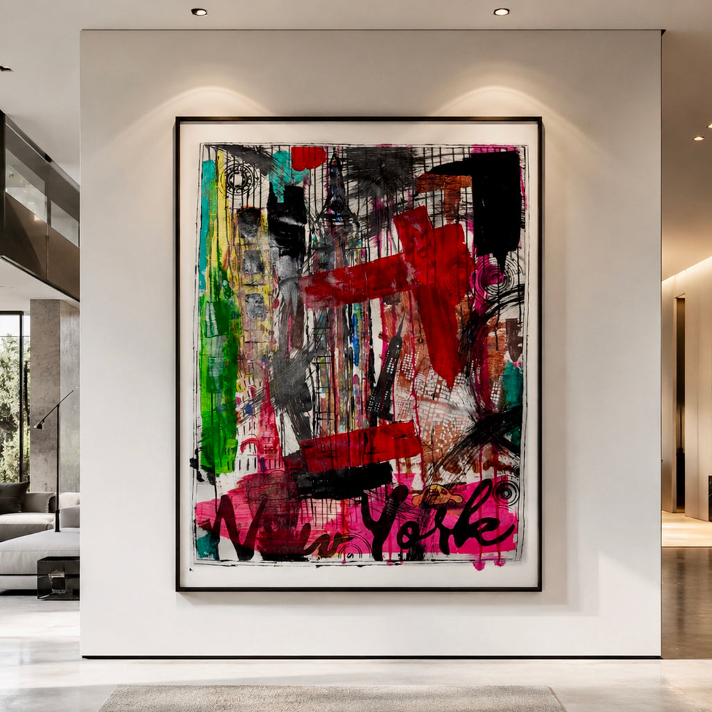 NYC Manhattan Skyline Abstract Painting | Original Neo-Expressionist Acrylic Canvas Artwork | Handmade Urban Art 28x36 inch