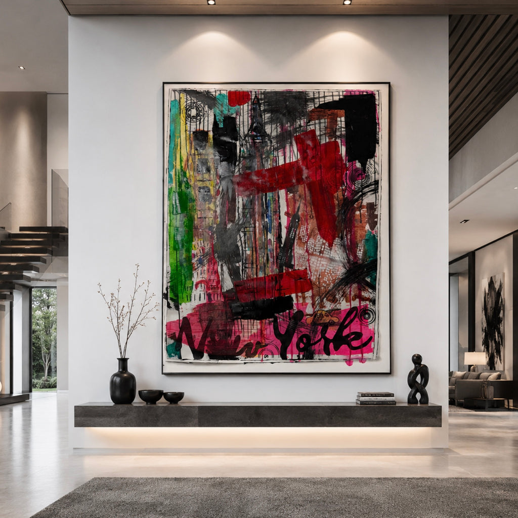 NYC Manhattan Skyline Abstract Painting | Original Neo-Expressionist Acrylic Canvas Artwork | Handmade Urban Art 28x36 inch