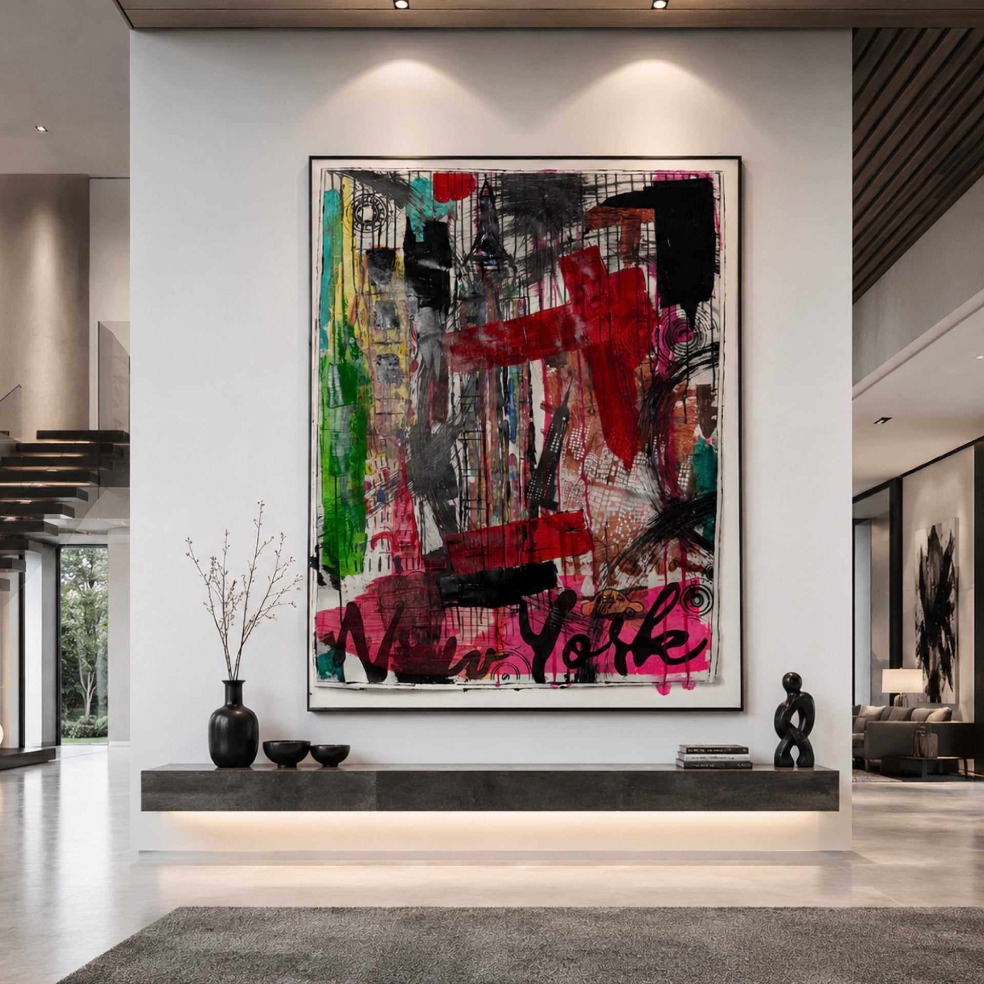 NYC Manhattan Skyline Abstract Painting | Original Neo-Expressionist Acrylic Canvas Artwork | Handmade Urban Art 28x36 inch