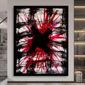 Abstract Red Energy Burst Painting, Textured Acrylic on Poster, Bold Black X, Modern Art